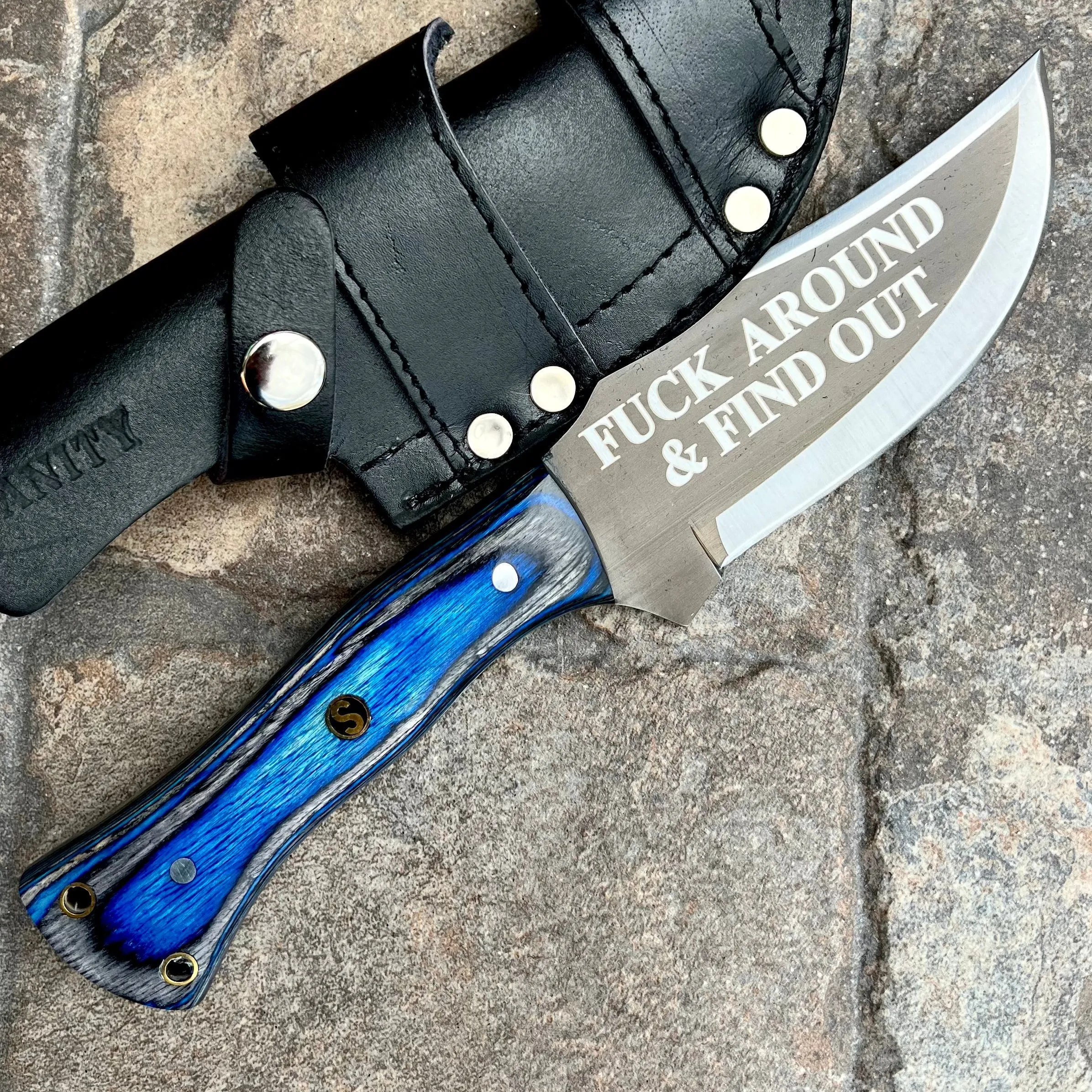 10” Rough Rider Series - F Around And Find Out - Blue & Black Wood - D2 Steel - Horizontal & Vertical Carry - CUS06