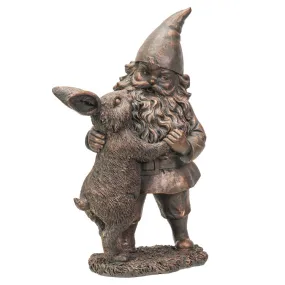 11.4" Gnome Statue - Bronze Gnome with Rabbit