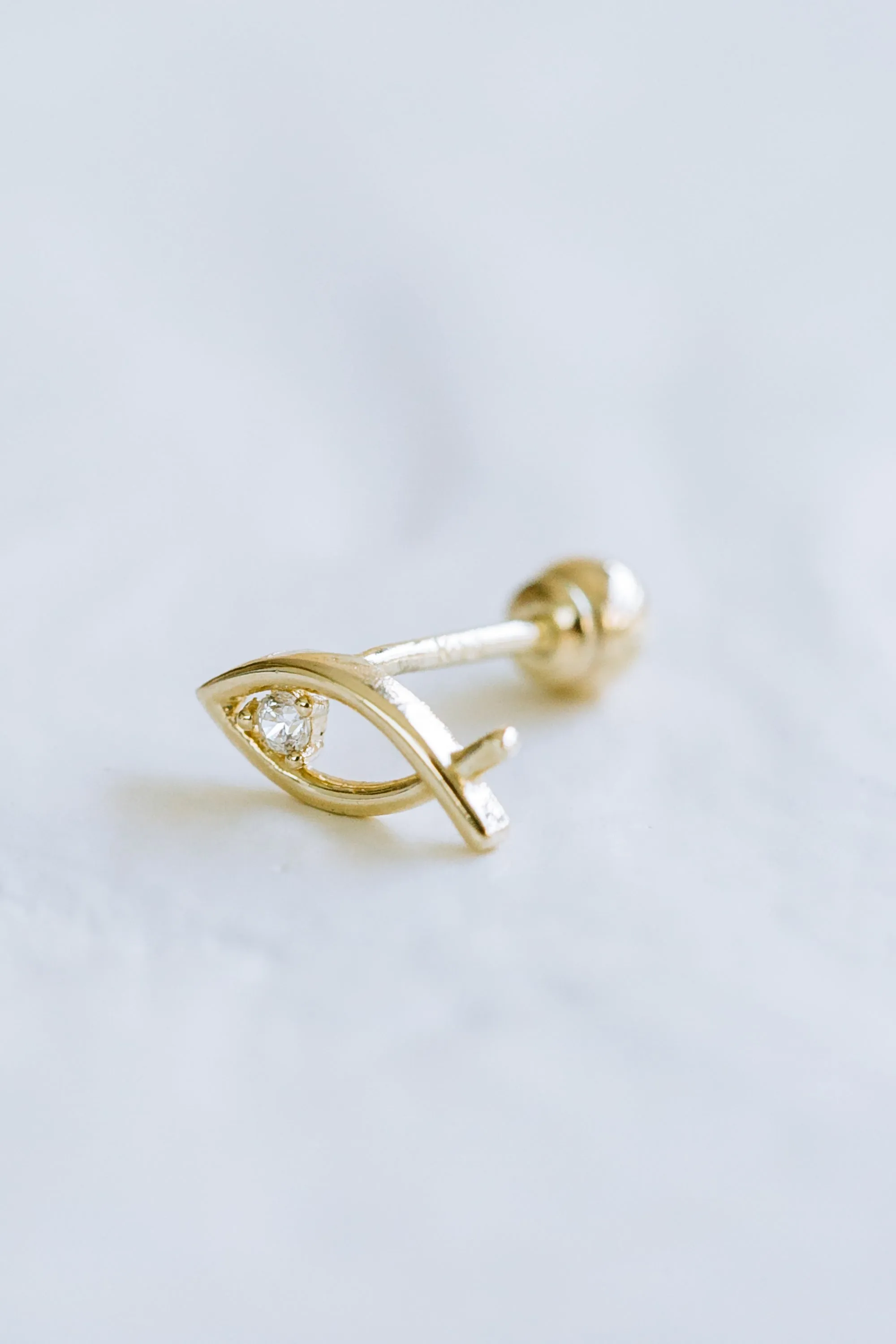 14K GOLD JEWELRY MINIMALIST DELICATE CUTE CZ FISH BARBELL EAR STUD EARRING PIERCING