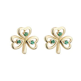 14k Gold Shamrock Stud Earrings w/ Emeralds