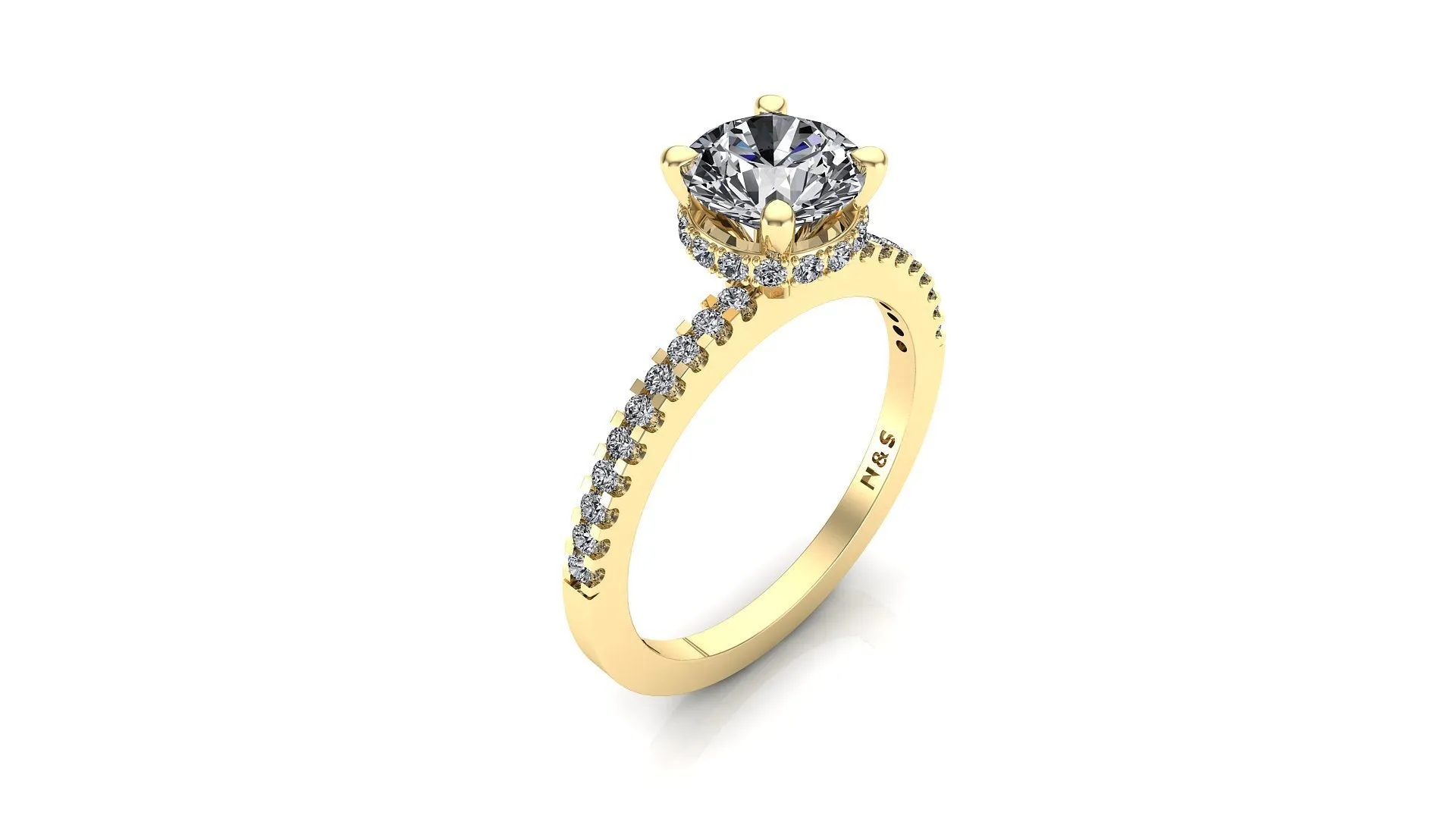 7.0mm (1.20ct) Monique ForeverOne Round Moissanite Four Prong Diamond Underhalo Engagement Ring 14K Gold MOENG070