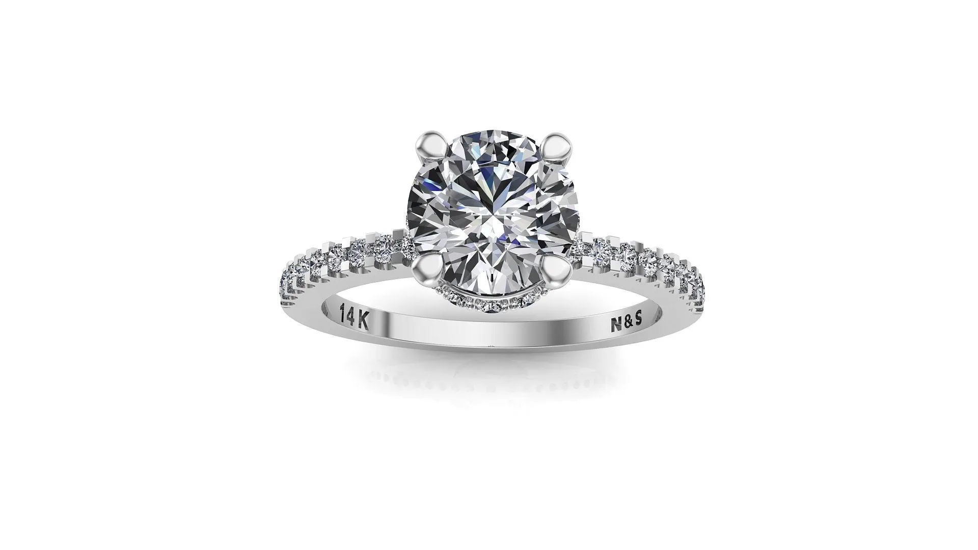 7.0mm (1.20ct) Monique ForeverOne Round Moissanite Four Prong Diamond Underhalo Engagement Ring 14K Gold MOENG070