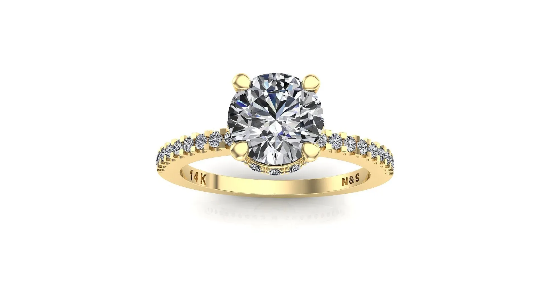 7.0mm (1.20ct) Monique ForeverOne Round Moissanite Four Prong Diamond Underhalo Engagement Ring 14K Gold MOENG070