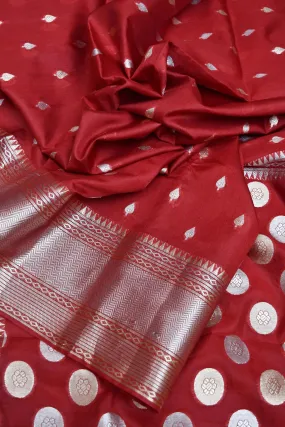 Apple Red Color Cotton Chanderi Banarasi Saree with Silver Buti Work