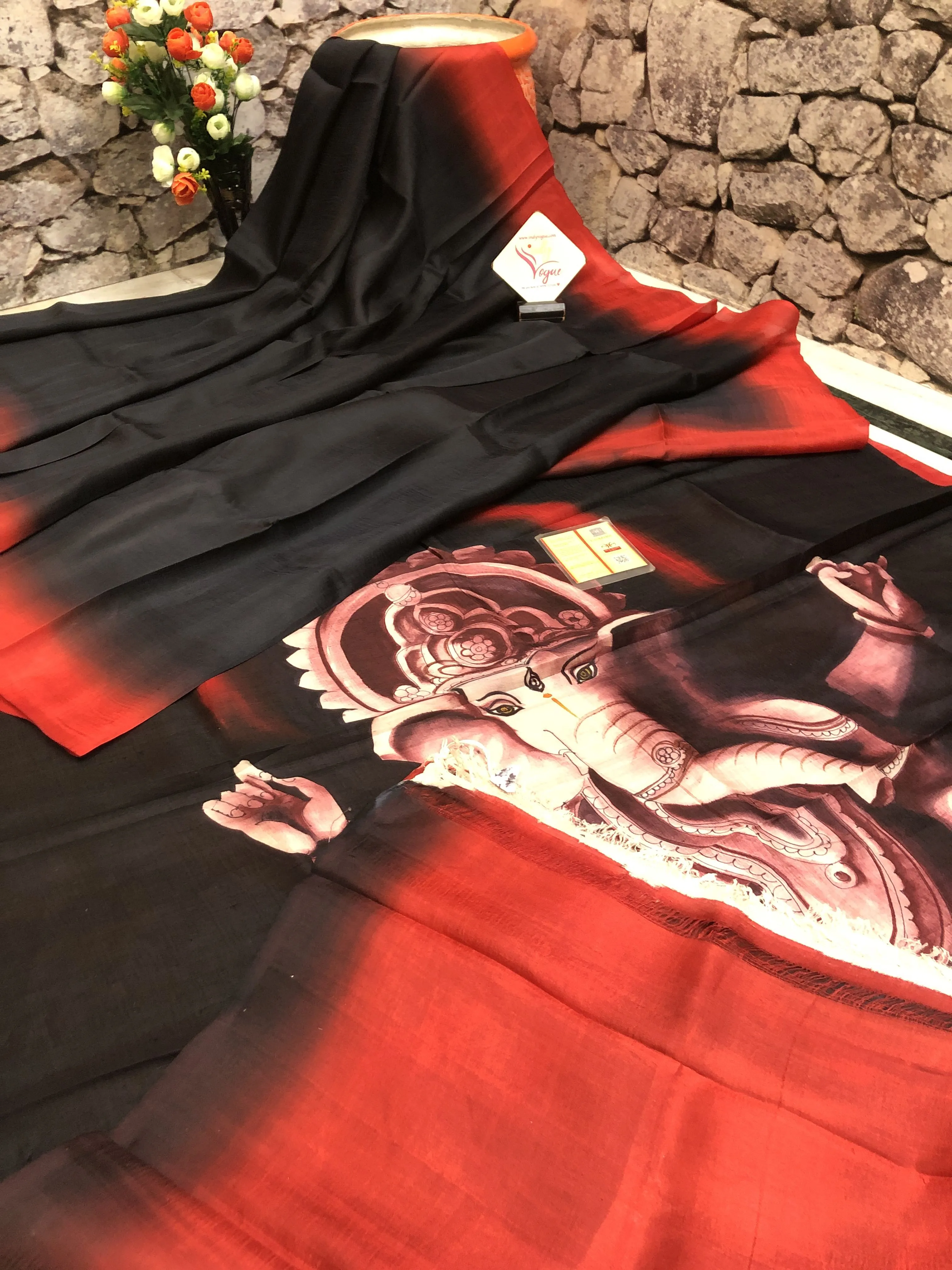 Black Color Bishnupur Katan Silk with Ganesha Hand Painting