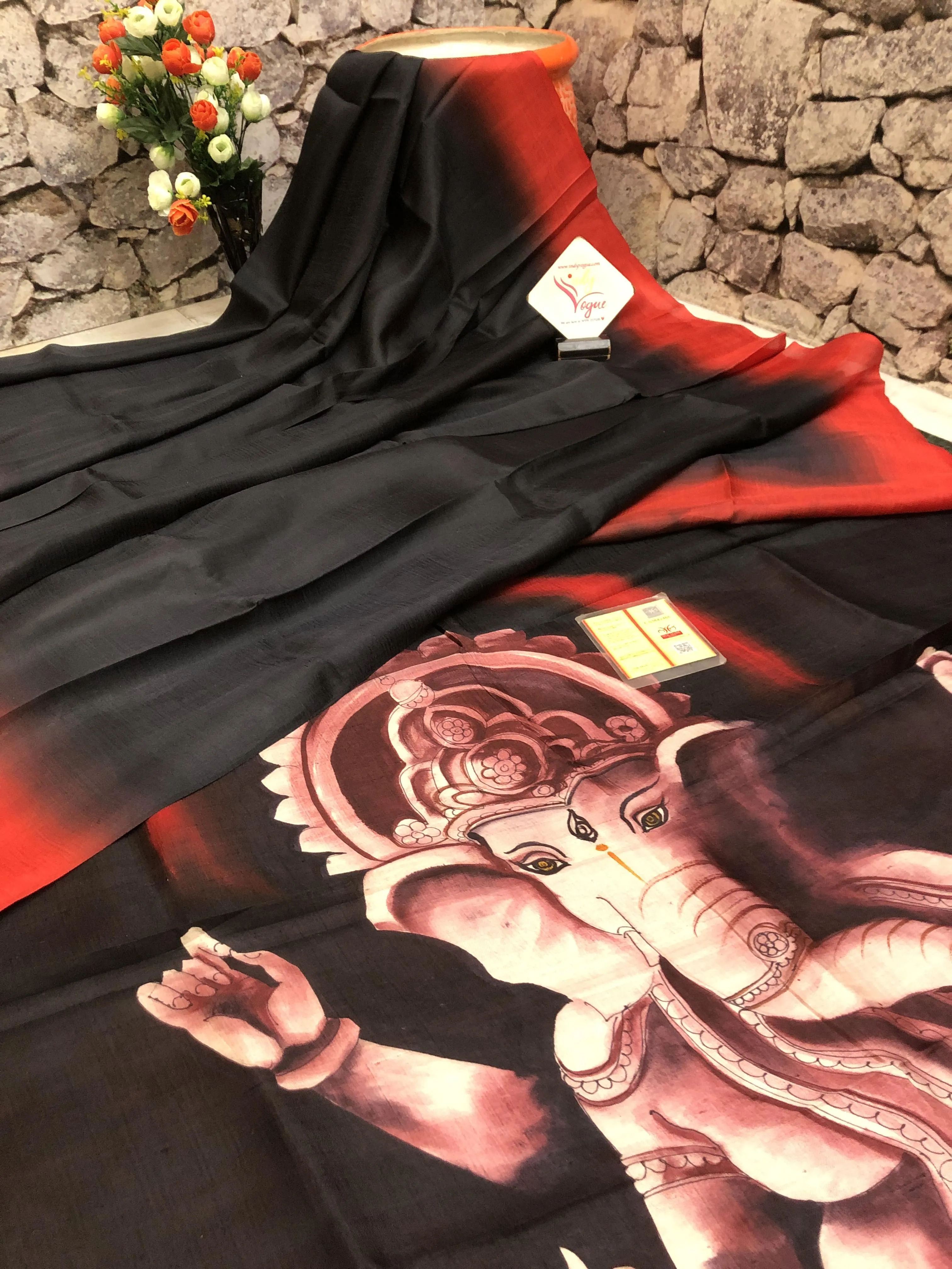 Black Color Bishnupur Katan Silk with Ganesha Hand Painting