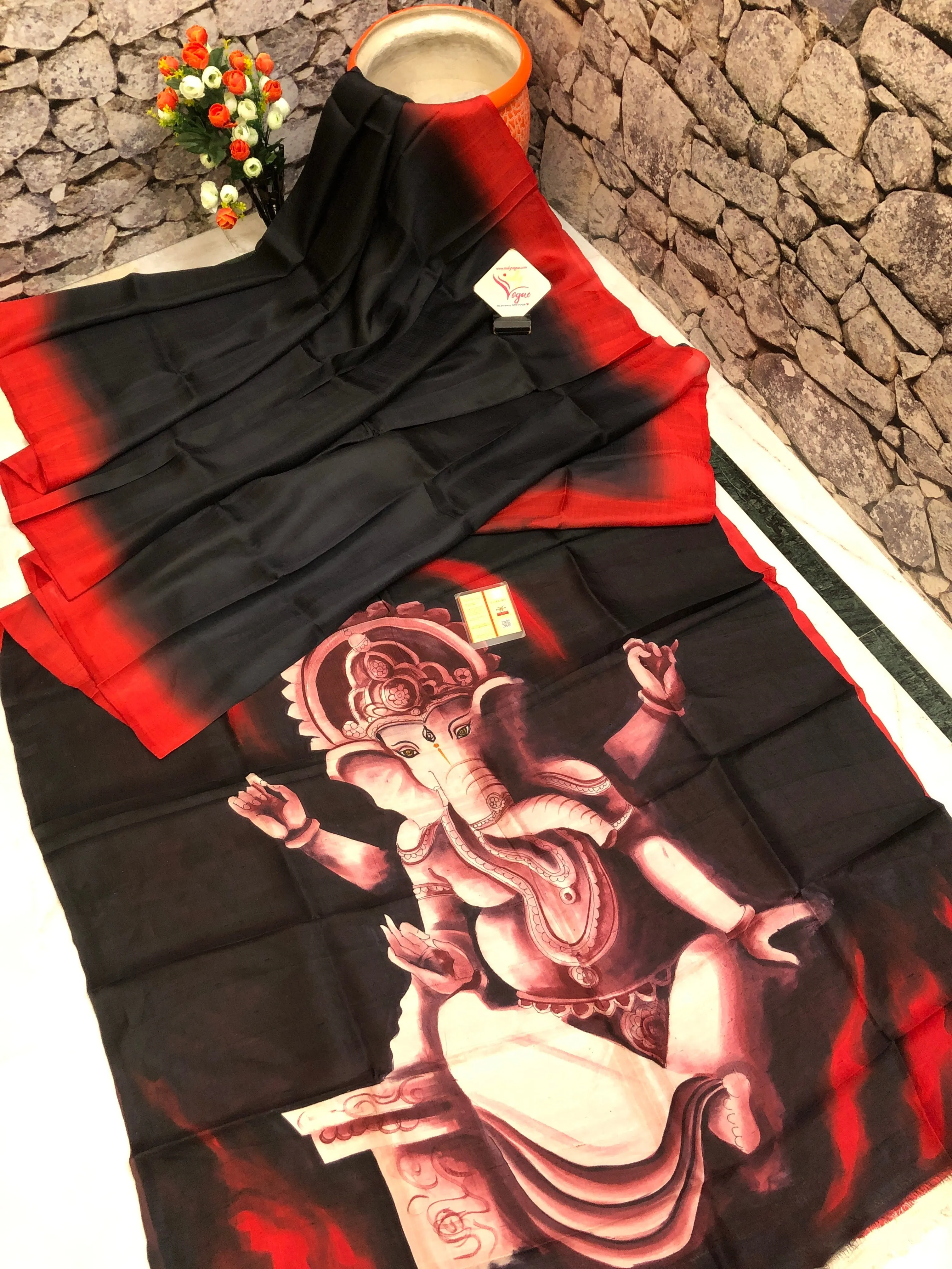 Black Color Bishnupur Katan Silk with Ganesha Hand Painting