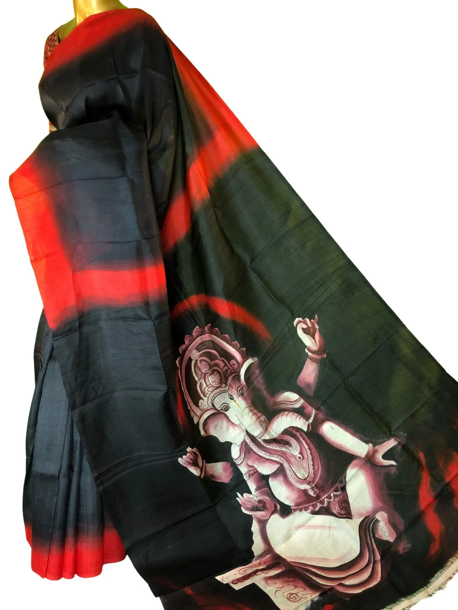 Black Color Bishnupur Katan Silk with Ganesha Hand Painting