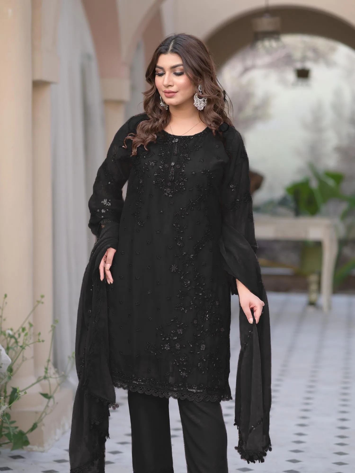 Black Embroidered Chiffon 3-Piece Suit