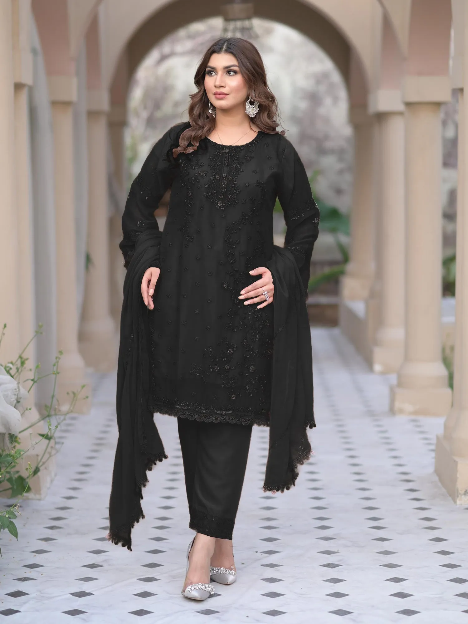 Black Embroidered Chiffon 3-Piece Suit