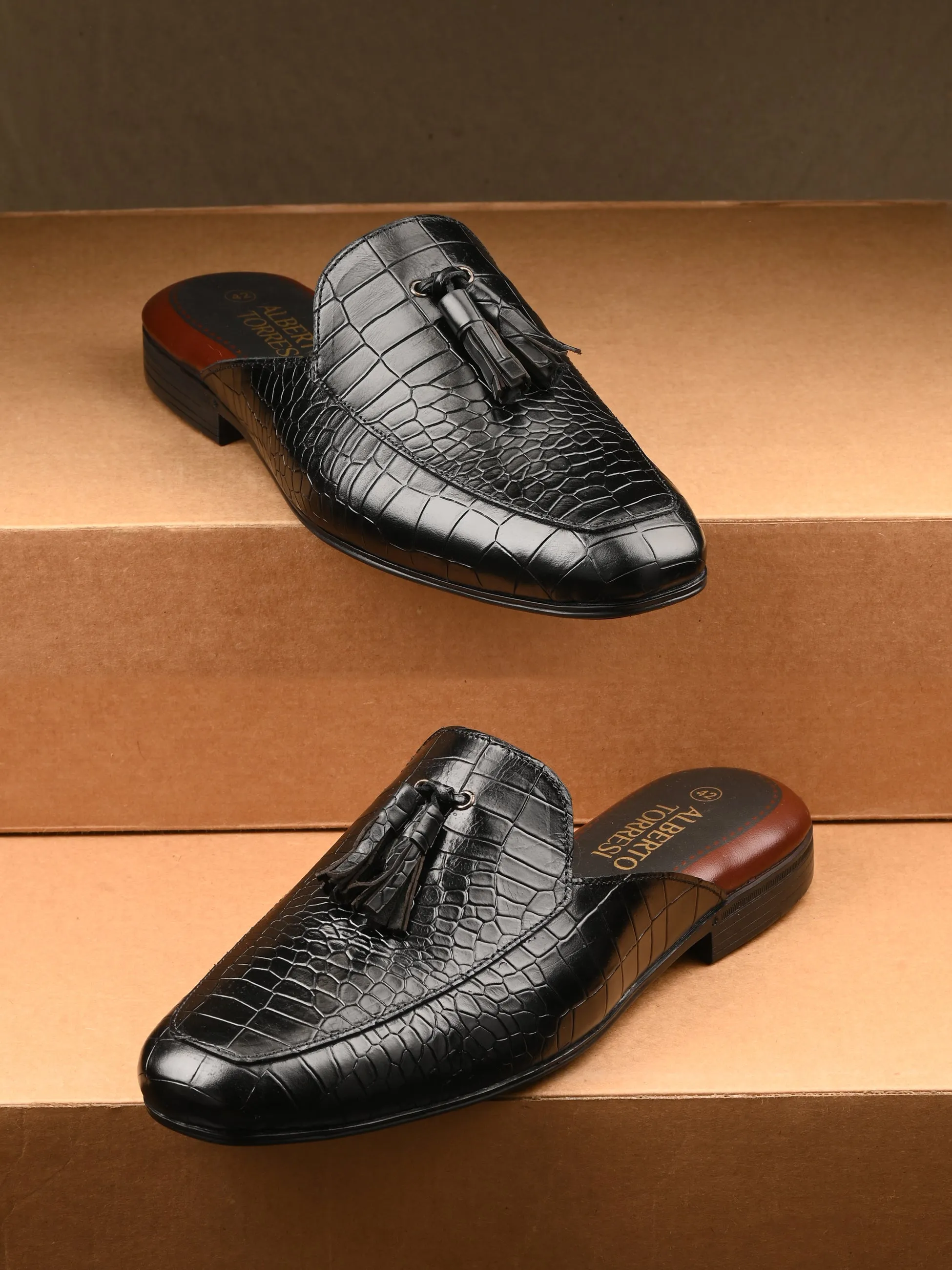 Black Leather Textured Tasseled Mules