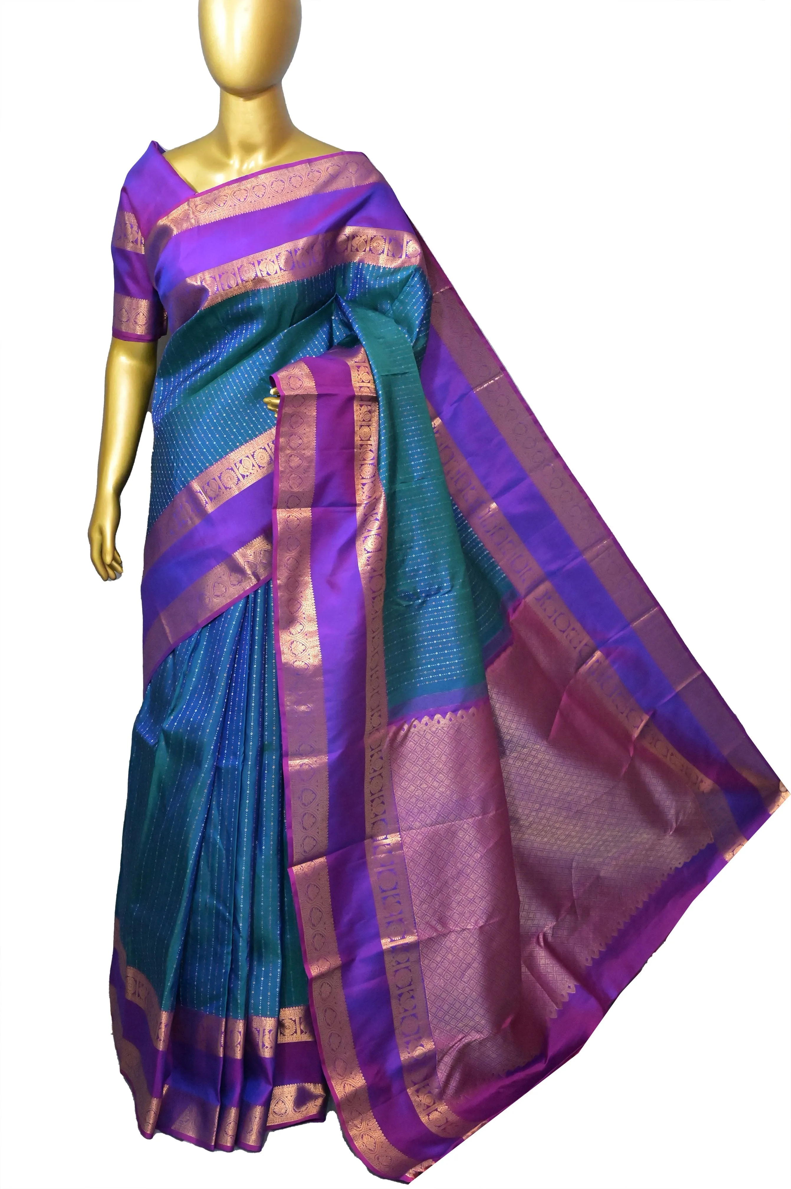 Blue and Green Color Kajeevaram Silk Saree with Gap Zari Border