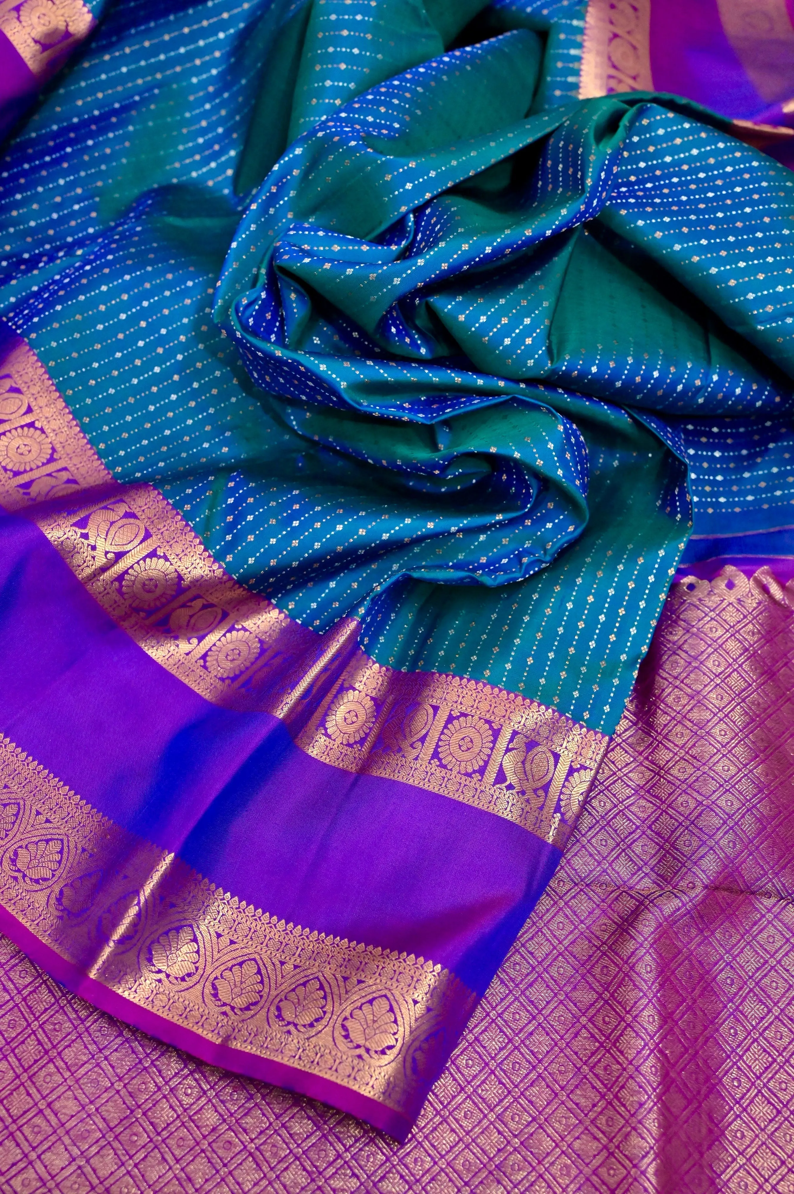 Blue and Green Color Kajeevaram Silk Saree with Gap Zari Border