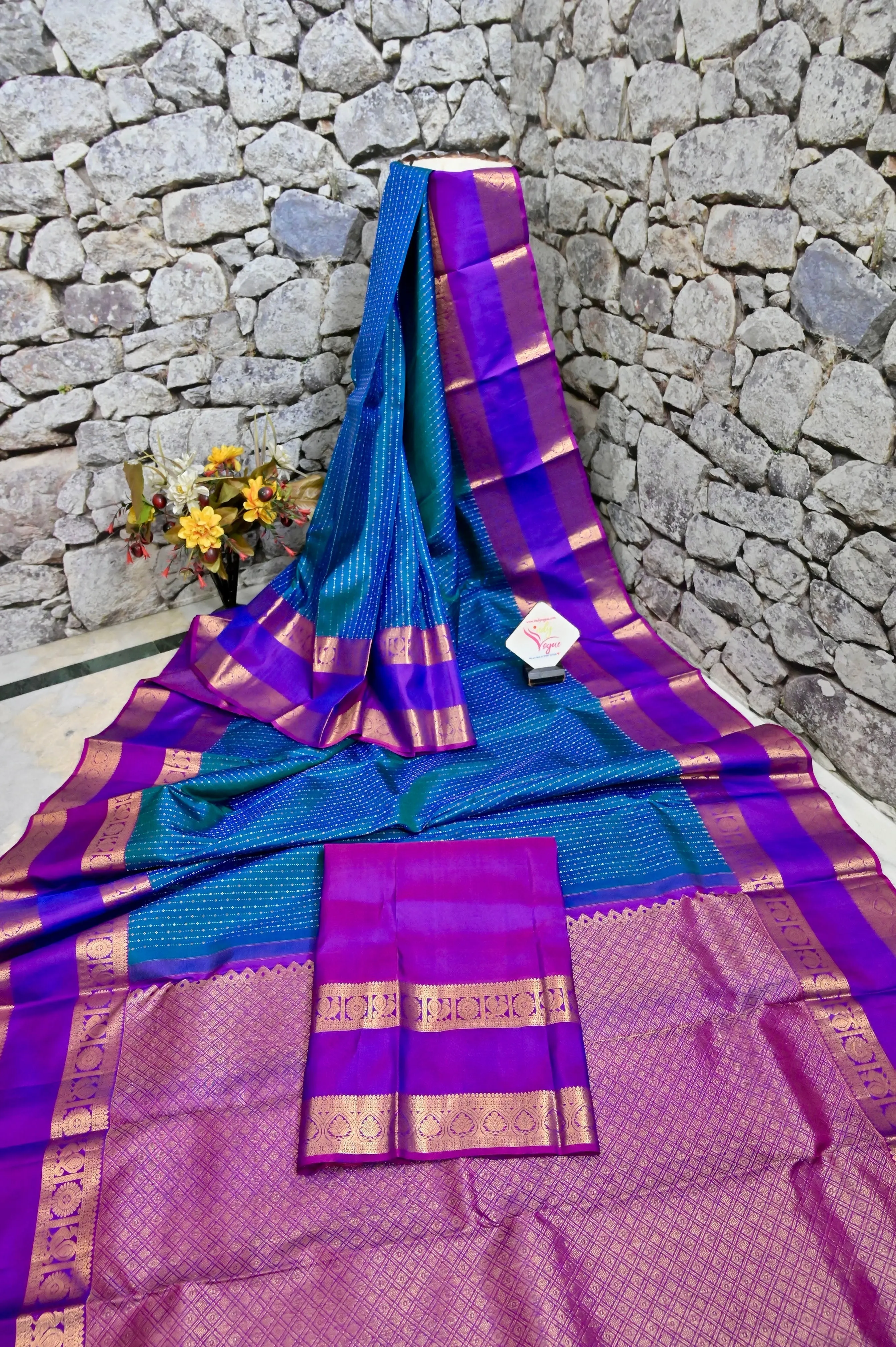 Blue and Green Color Kajeevaram Silk Saree with Gap Zari Border