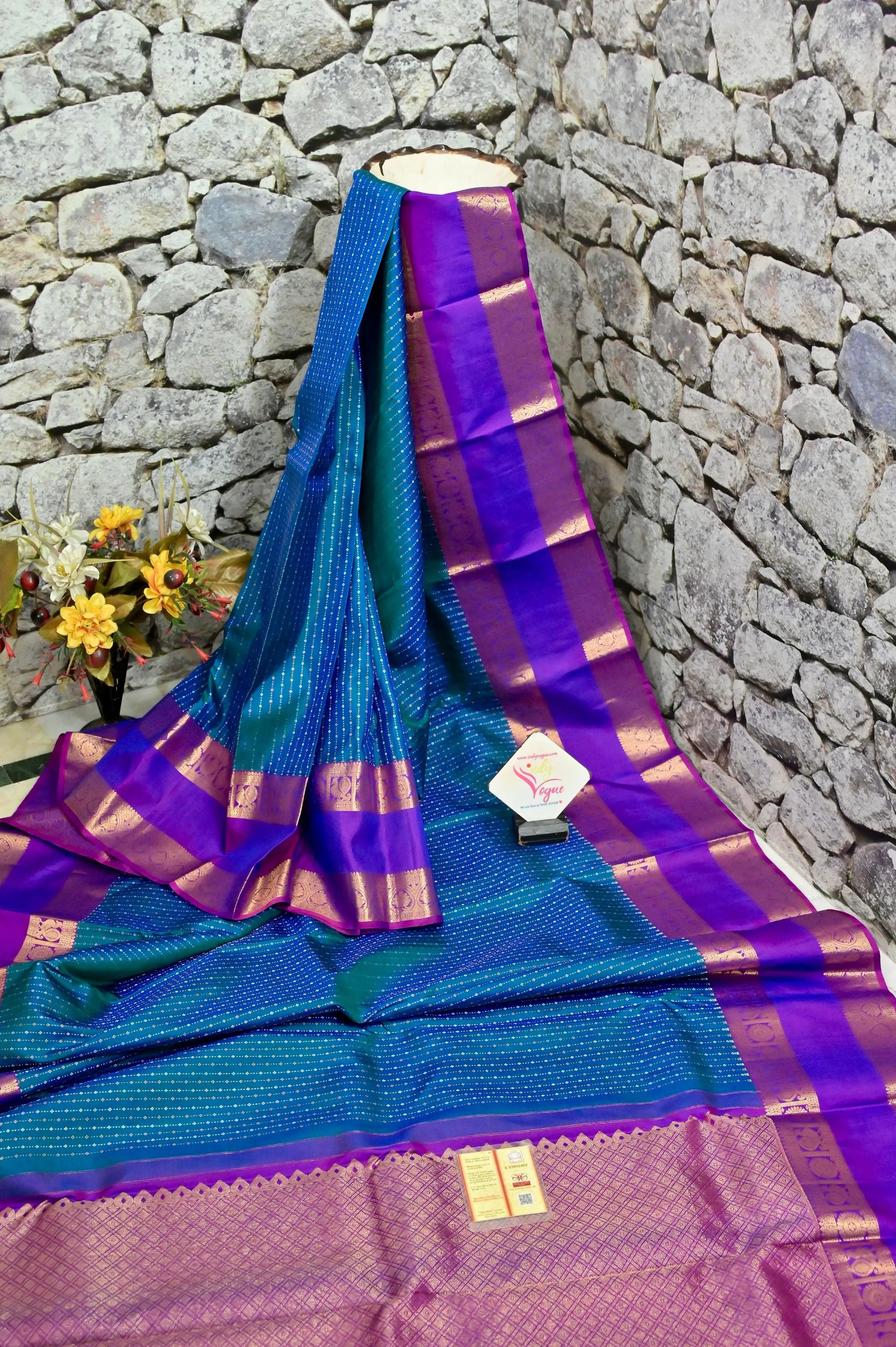 Blue and Green Color Kajeevaram Silk Saree with Gap Zari Border