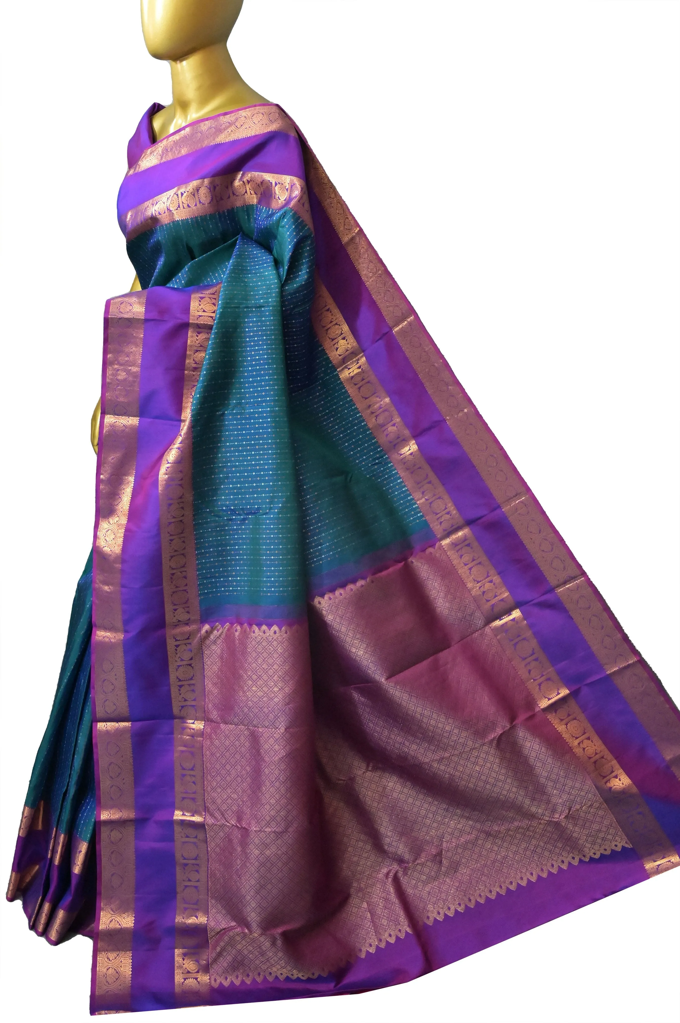 Blue and Green Color Kajeevaram Silk Saree with Gap Zari Border