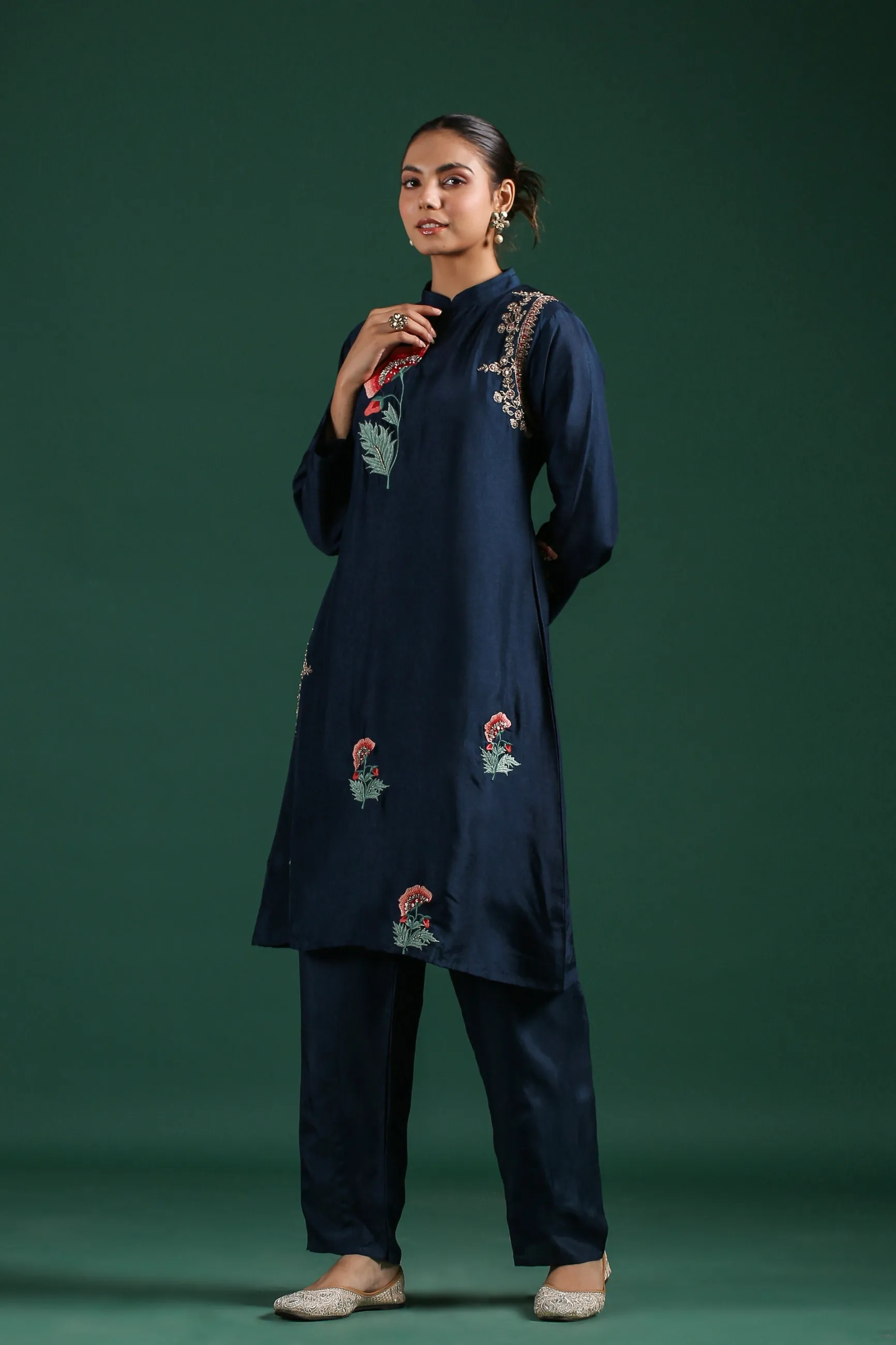 Blue Embroidered Dola Silk Pants Set