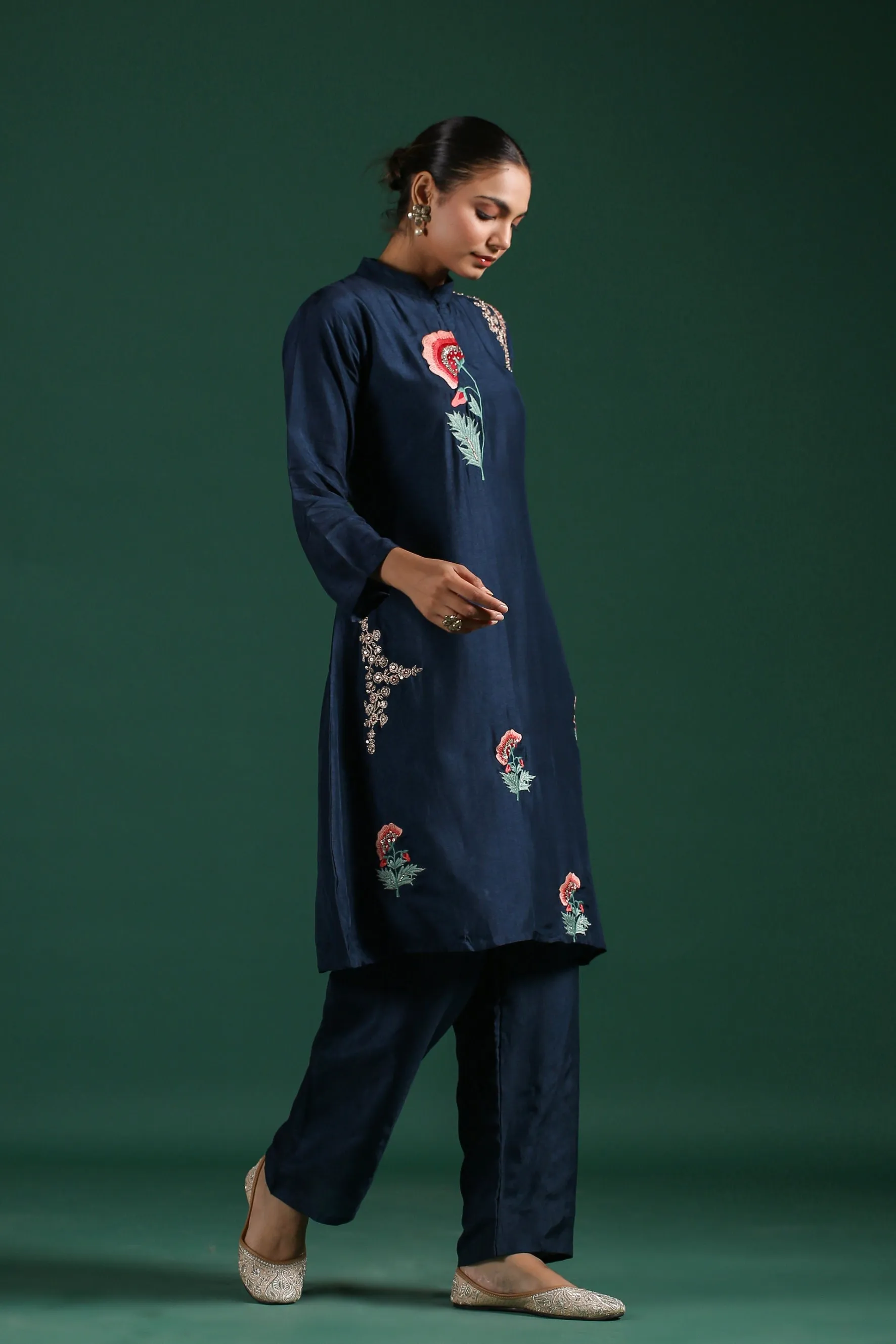 Blue Embroidered Dola Silk Pants Set