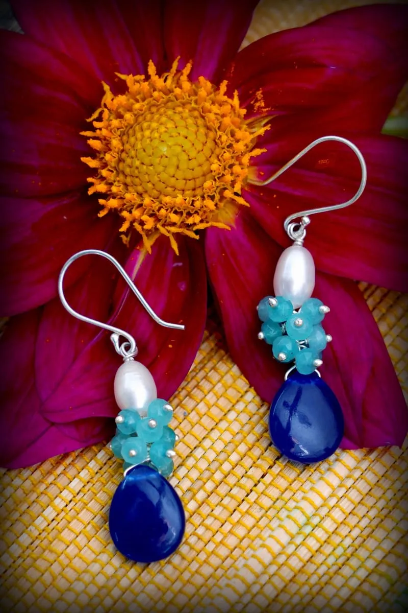 Blue Quartz & Pearls Artistic Designs Handmade Earrings