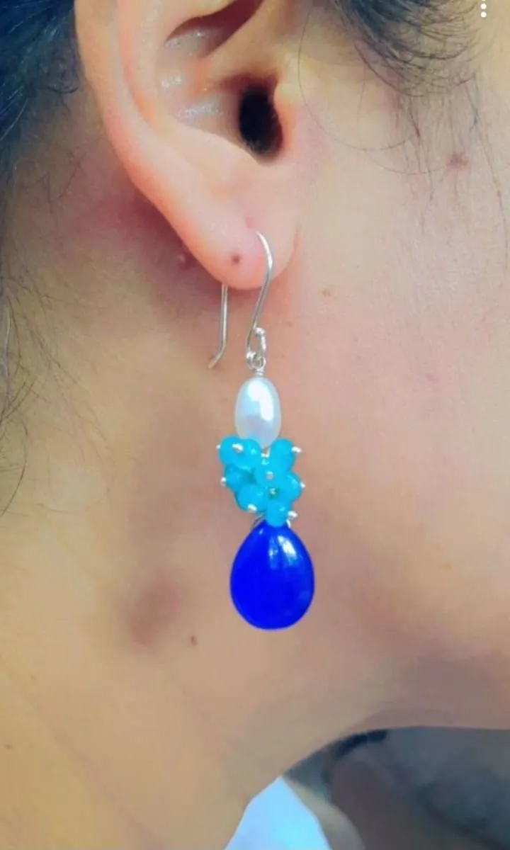 Blue Quartz & Pearls Artistic Designs Handmade Earrings