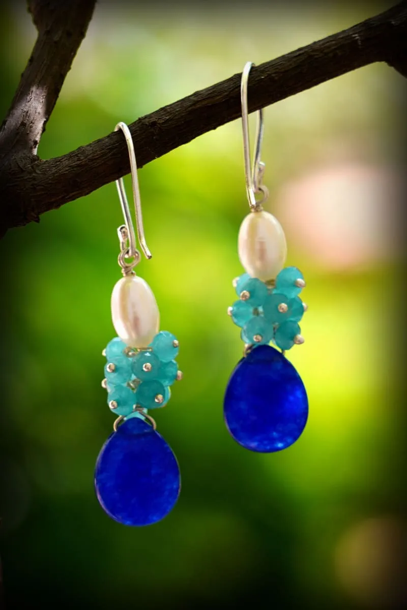 Blue Quartz & Pearls Artistic Designs Handmade Earrings