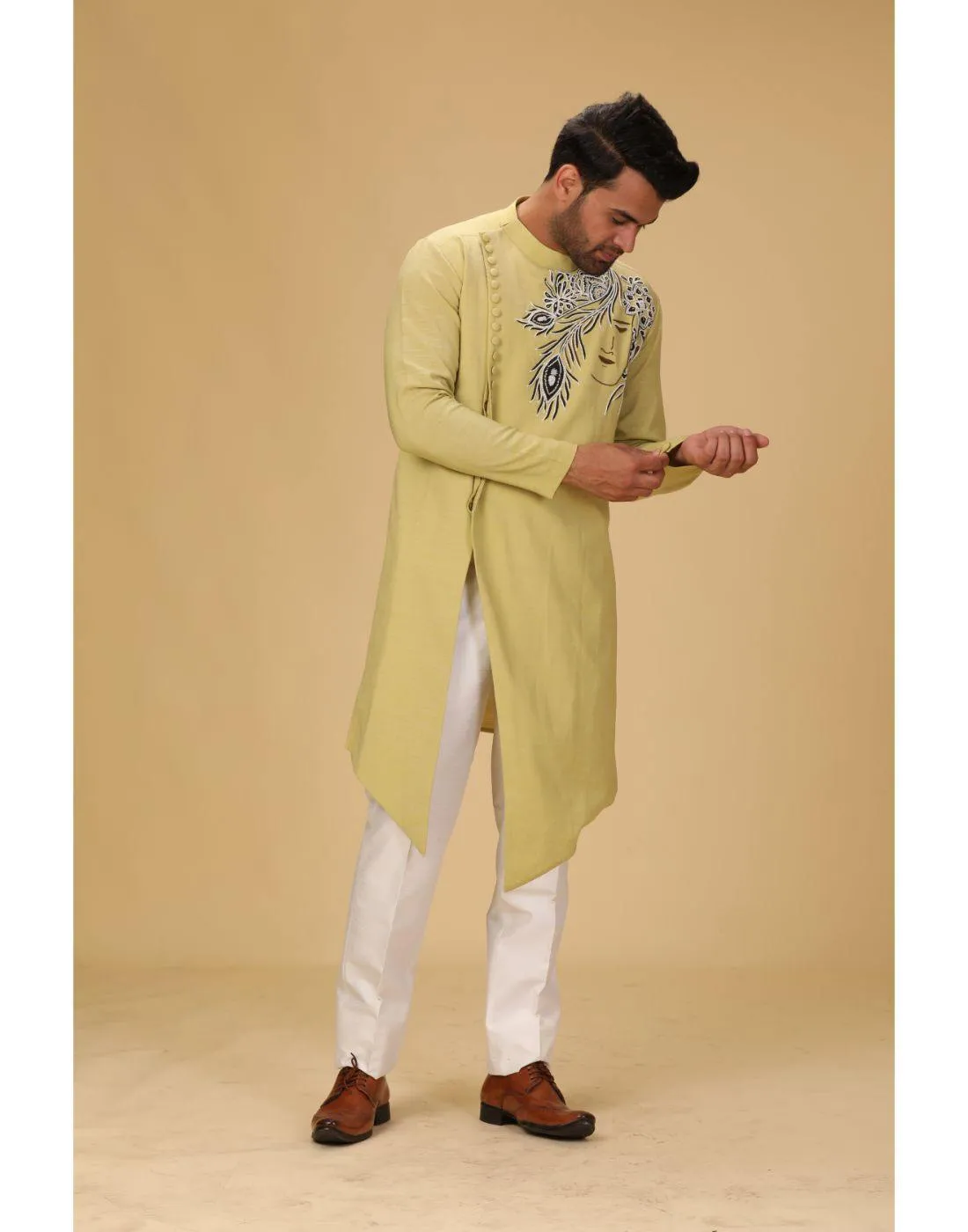 BluesnGreys Designer Lemon yellow with thread embroidery Kurta Party Wear Pant Set - Rent