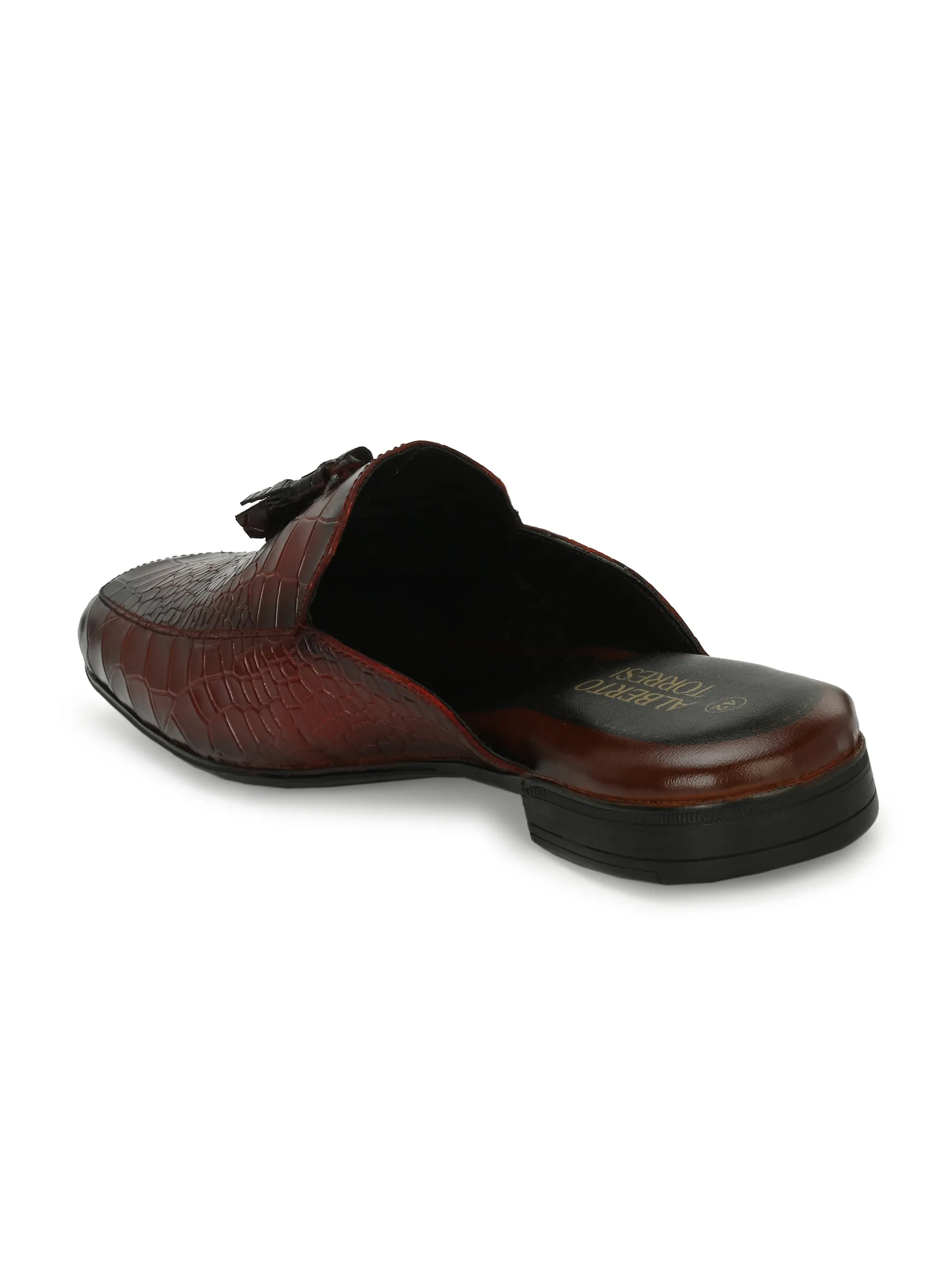 Bordo Leather Textured Tasseled Mules