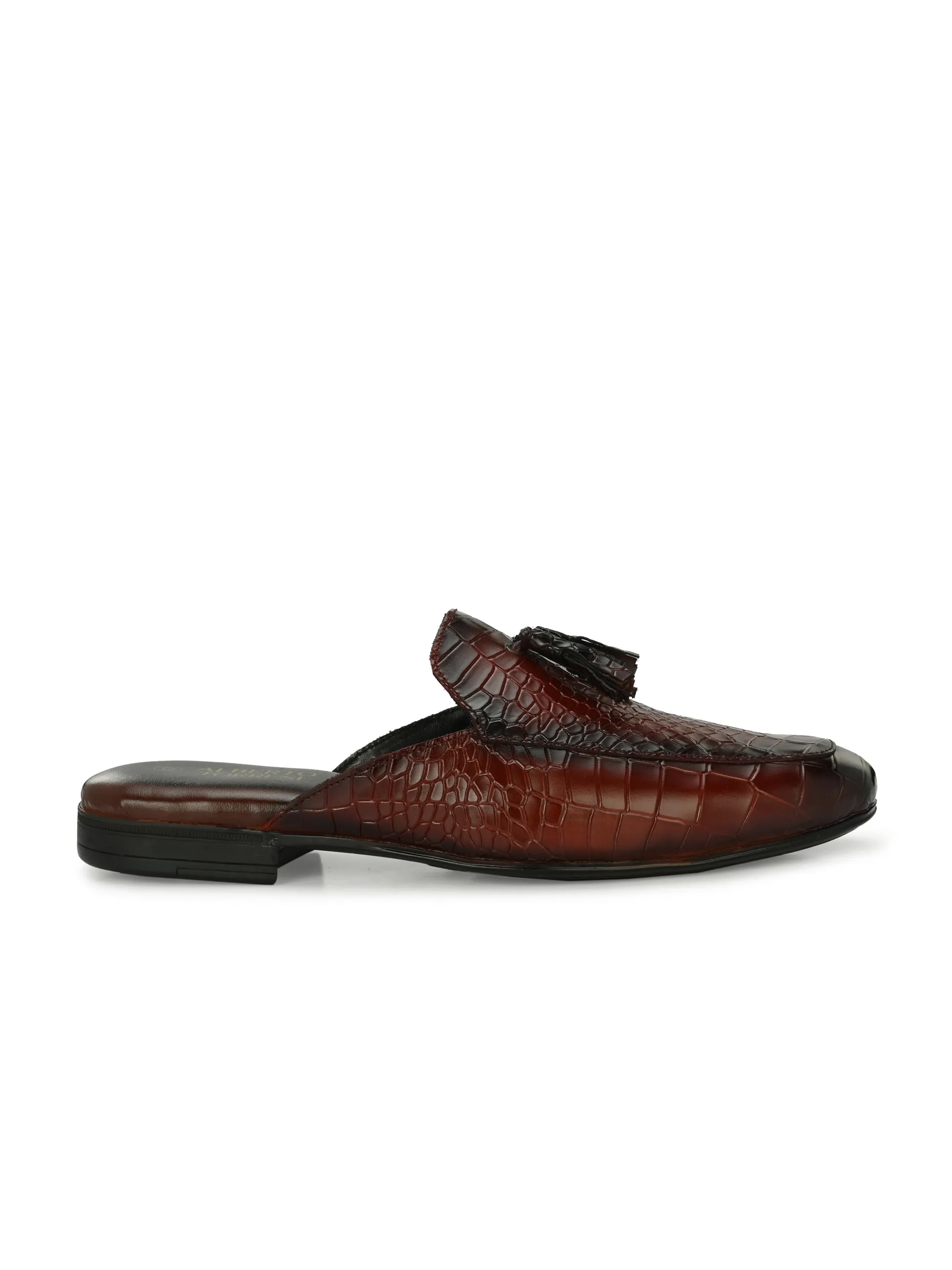 Bordo Leather Textured Tasseled Mules