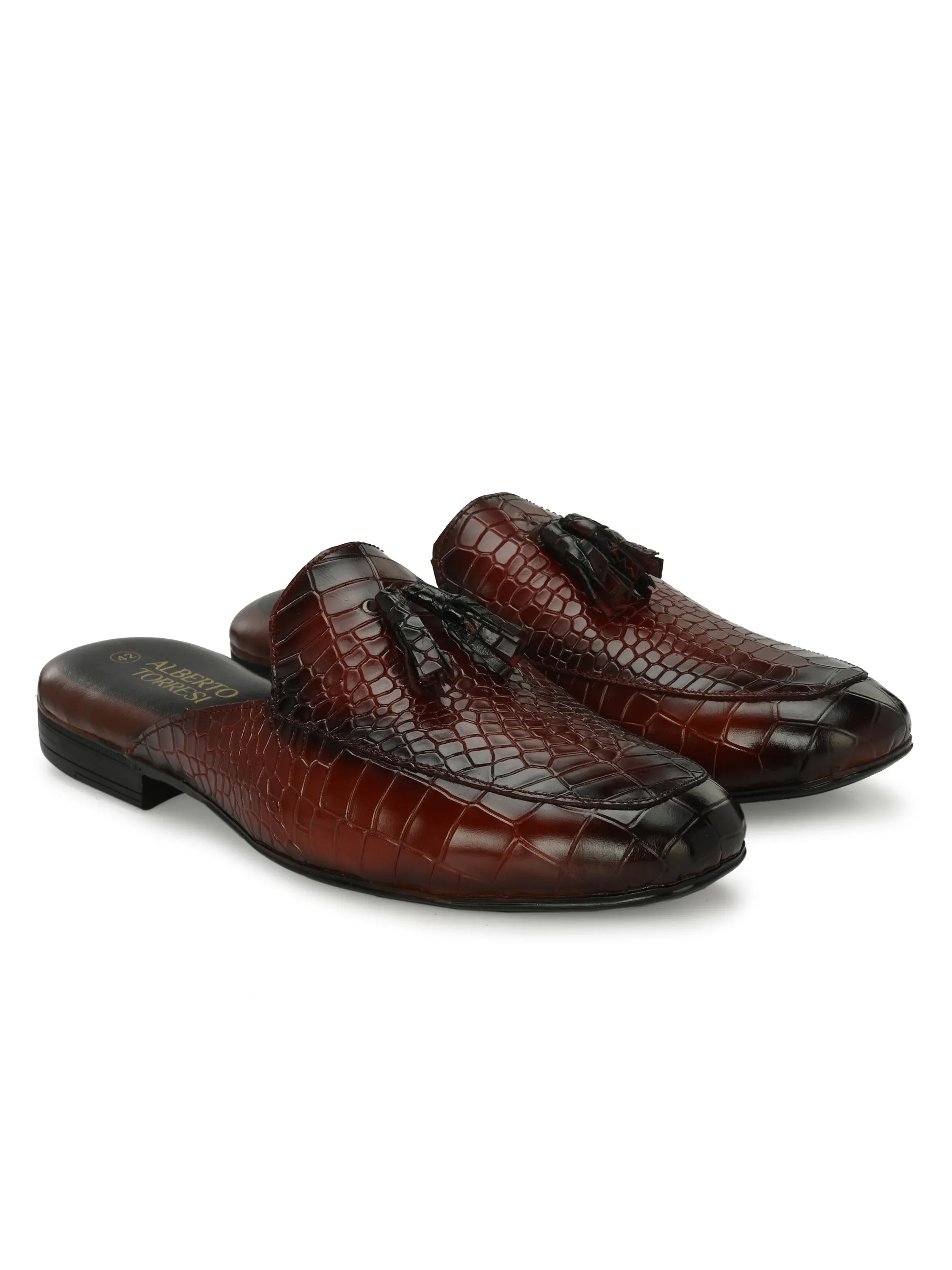 Bordo Leather Textured Tasseled Mules