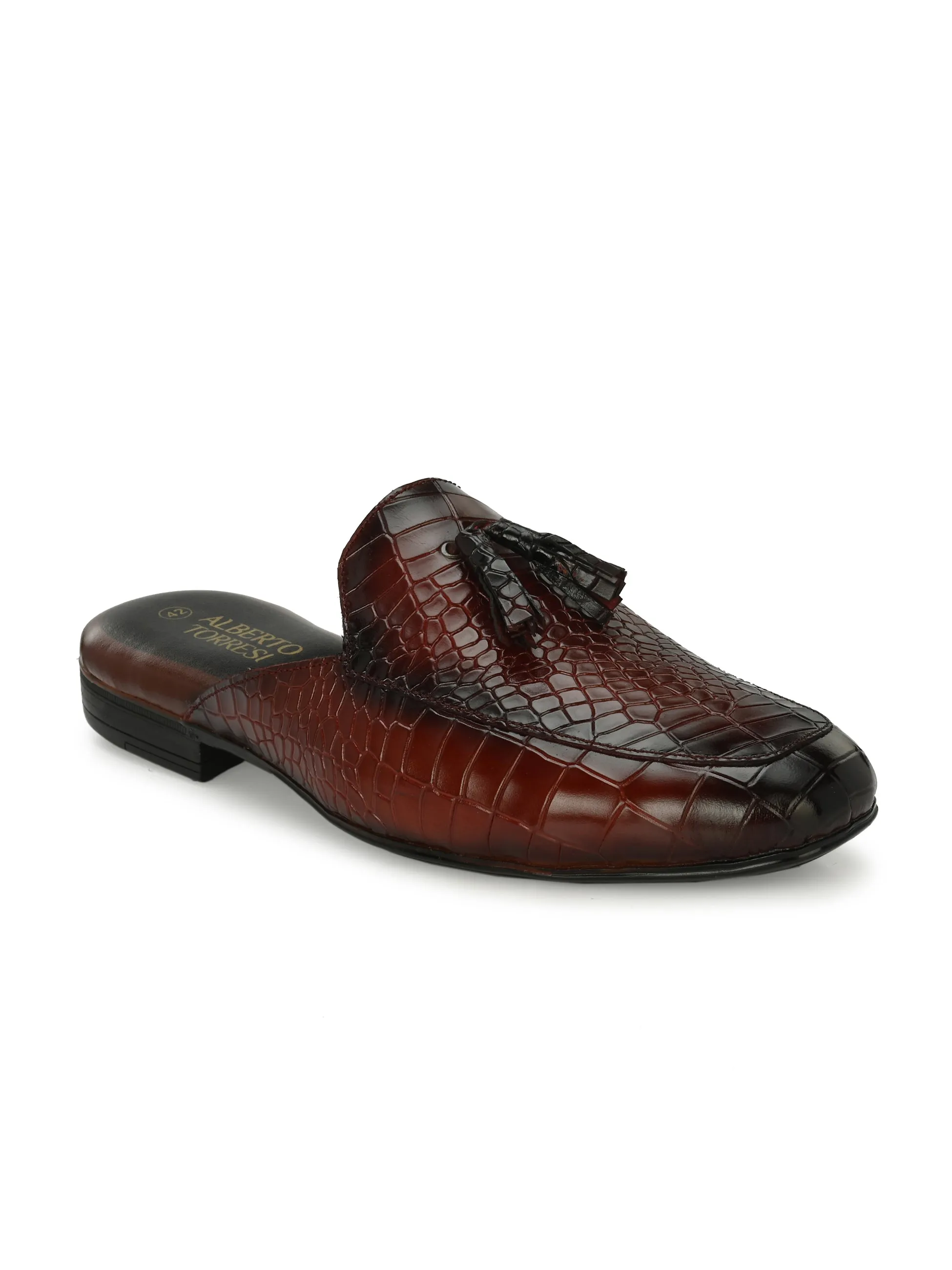 Bordo Leather Textured Tasseled Mules