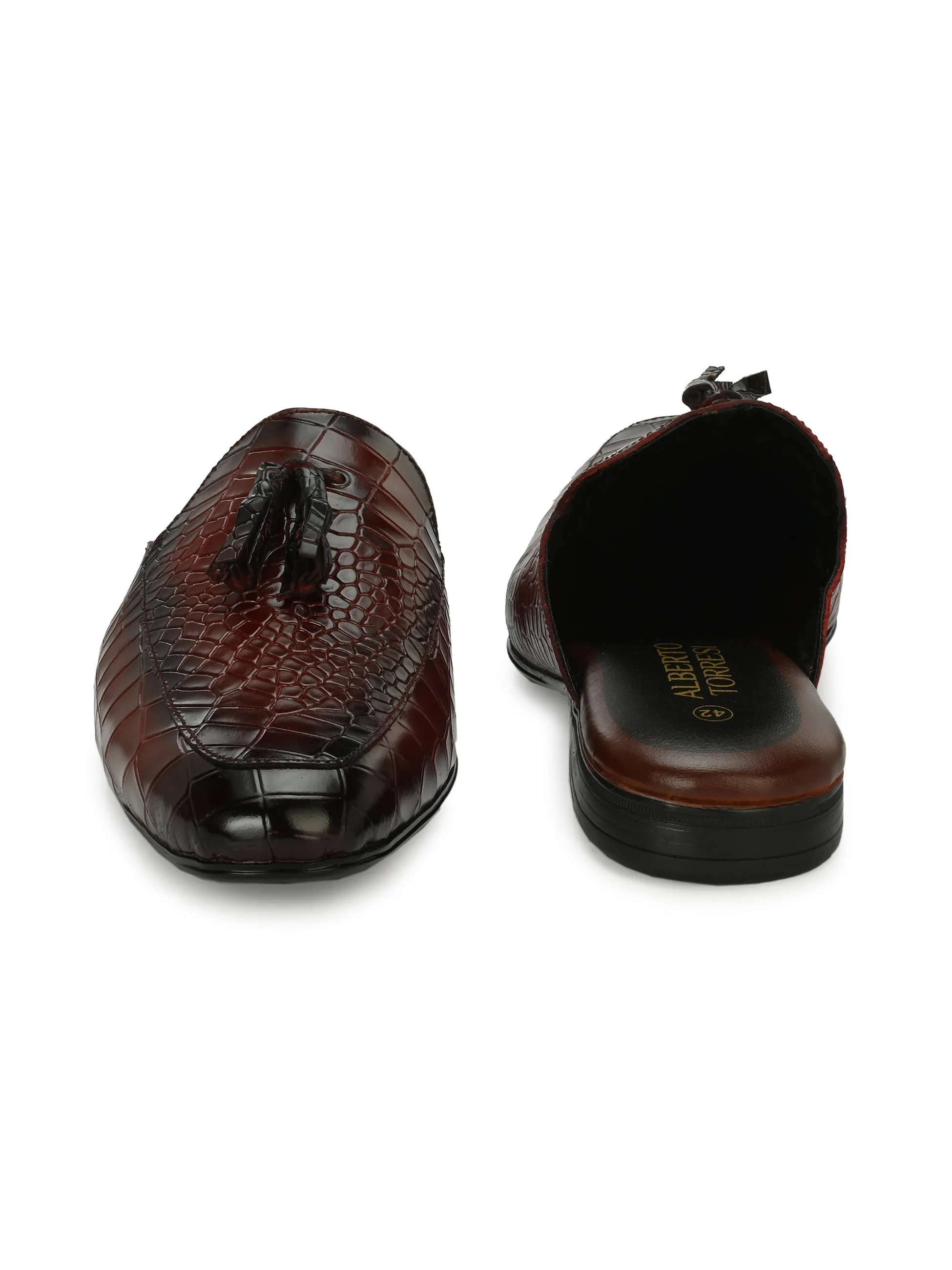 Bordo Leather Textured Tasseled Mules