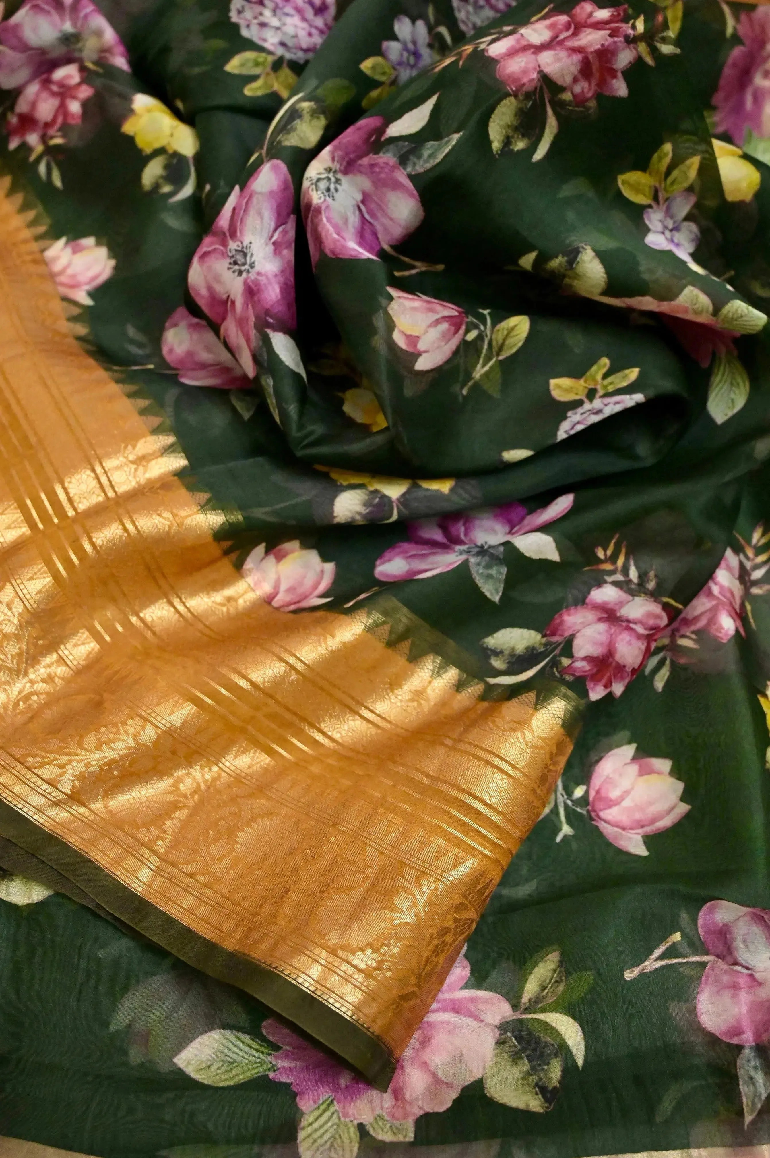 Bottle Green and Mustard Yellow Color Pure Organza Banarasi Saree with Digital Print