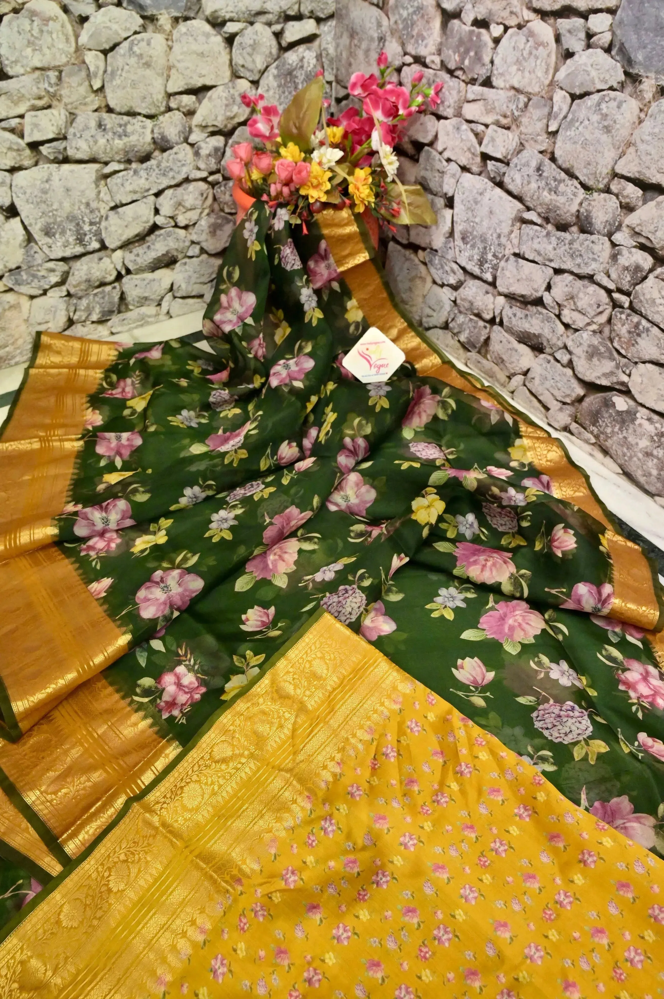 Bottle Green and Mustard Yellow Color Pure Organza Banarasi Saree with Digital Print