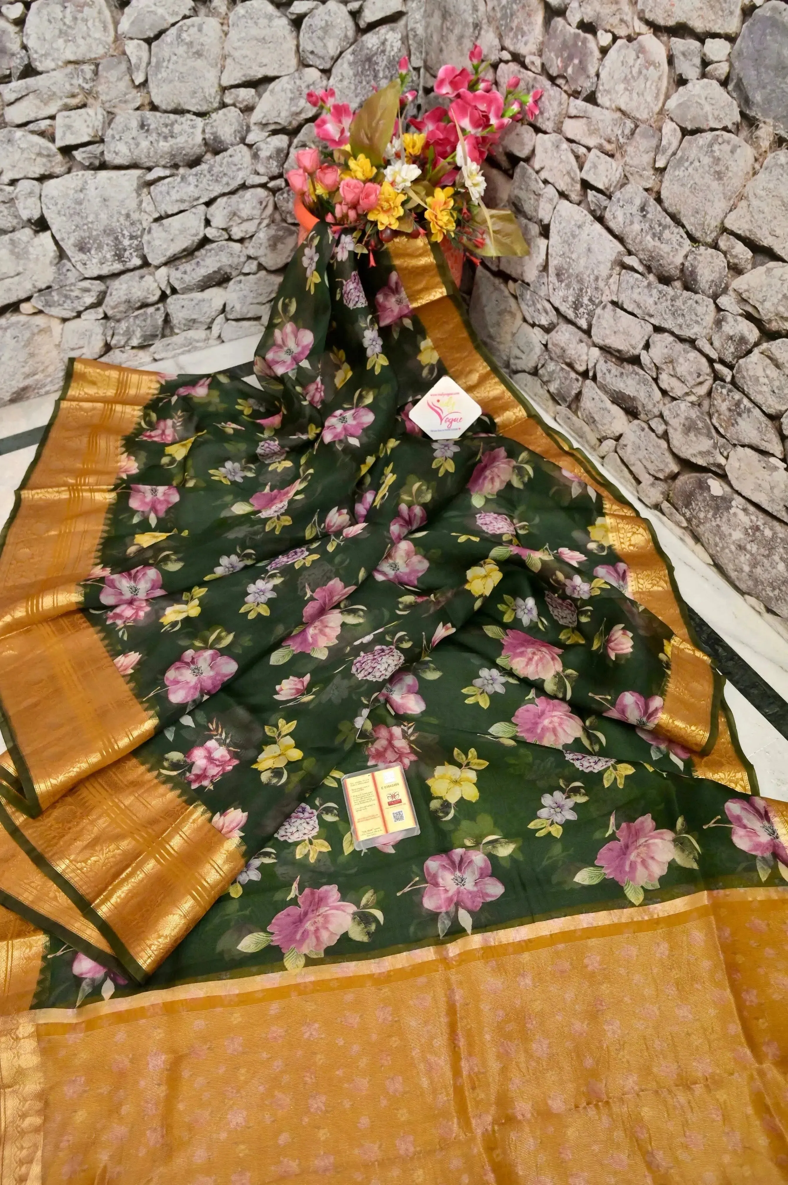 Bottle Green and Mustard Yellow Color Pure Organza Banarasi Saree with Digital Print