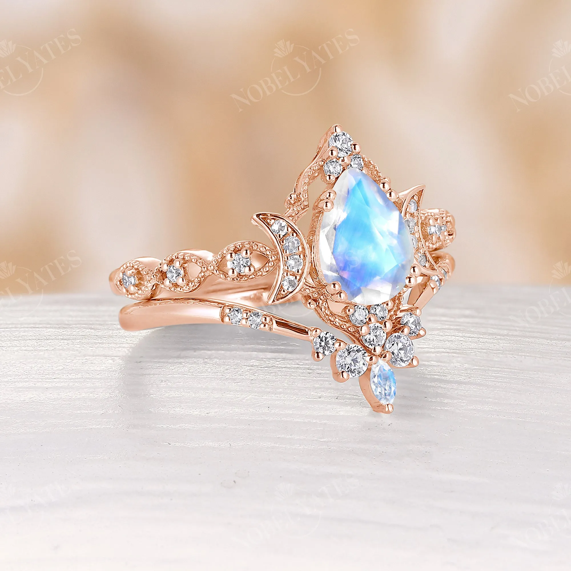 Celestial Moon Pear Moonstone Milgrain Bridal Set Rose Gold