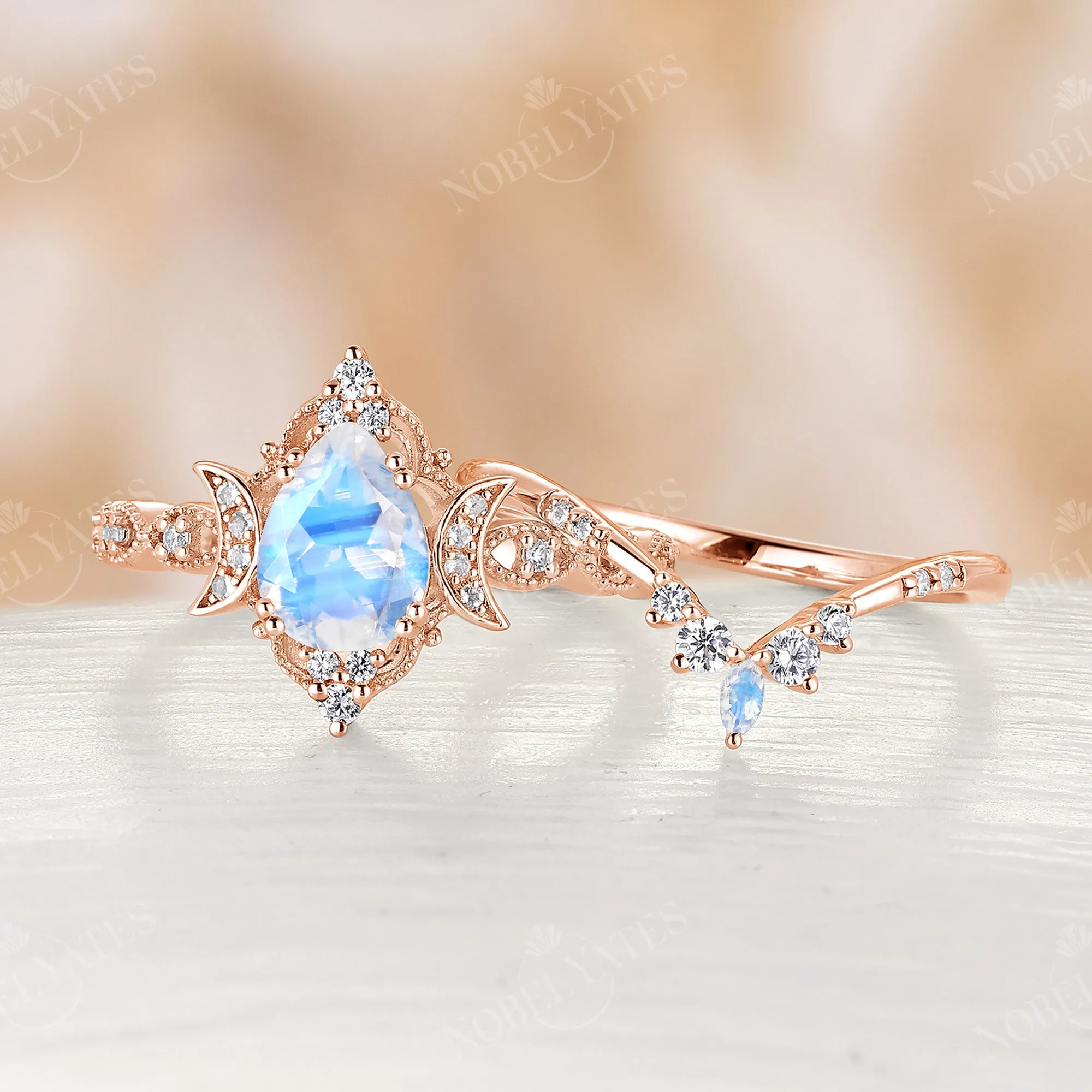 Celestial Moon Pear Moonstone Milgrain Bridal Set Rose Gold