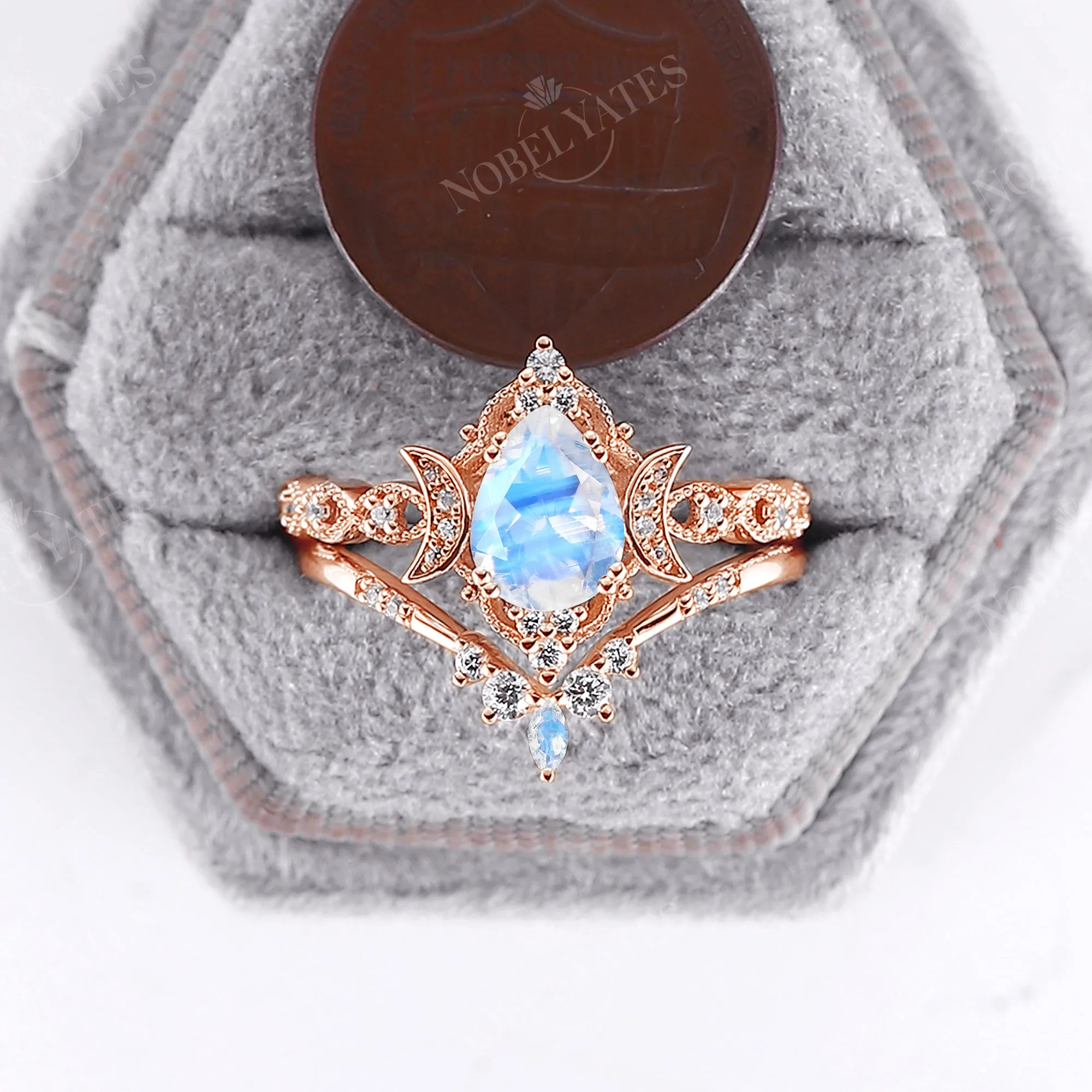 Celestial Moon Pear Moonstone Milgrain Bridal Set Rose Gold