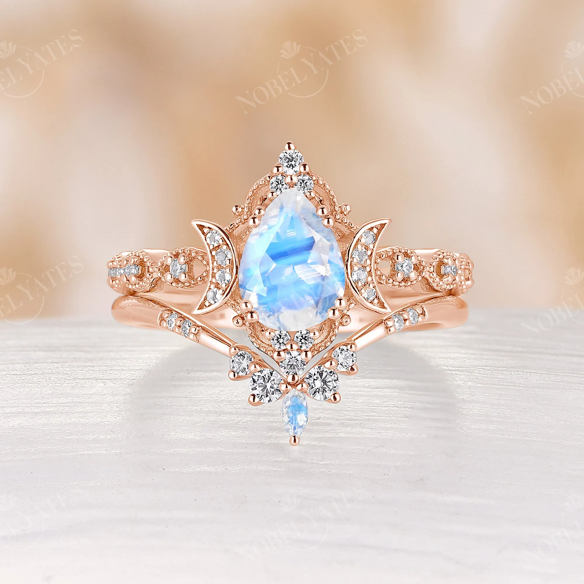 Celestial Moon Pear Moonstone Milgrain Bridal Set Rose Gold