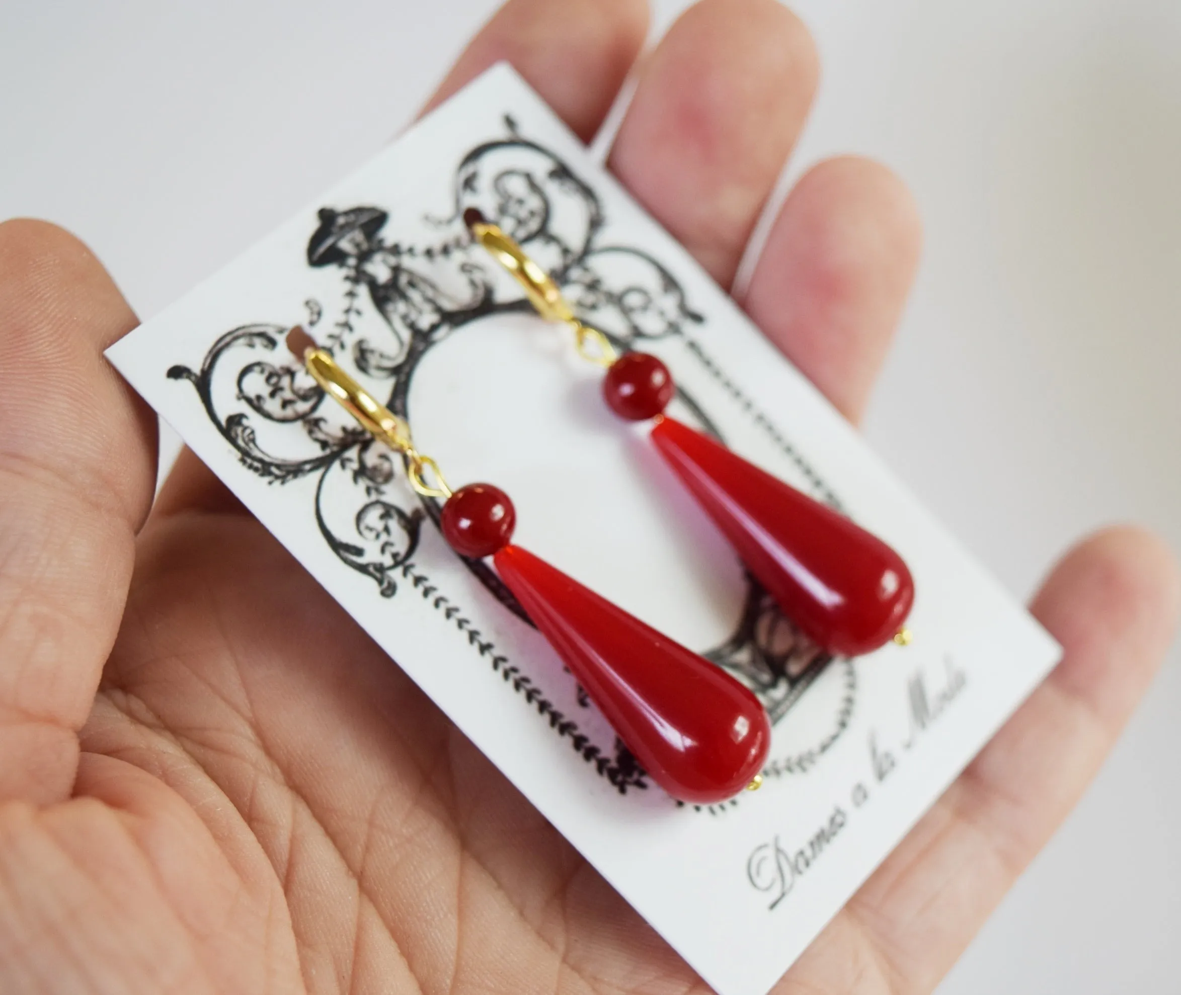 Coral Red 2-Stone Teardrop Earrings