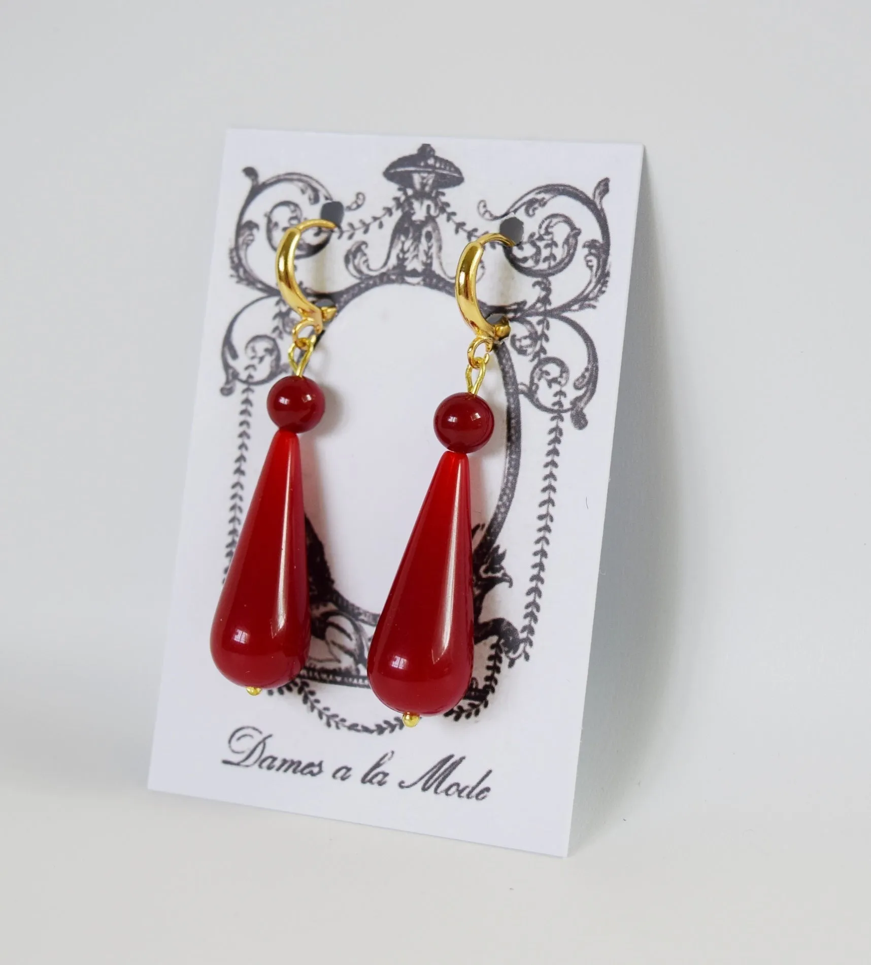 Coral Red 2-Stone Teardrop Earrings