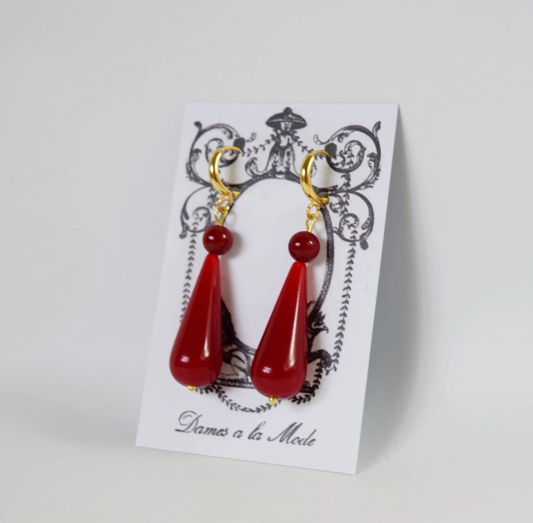 Coral Red 2-Stone Teardrop Earrings