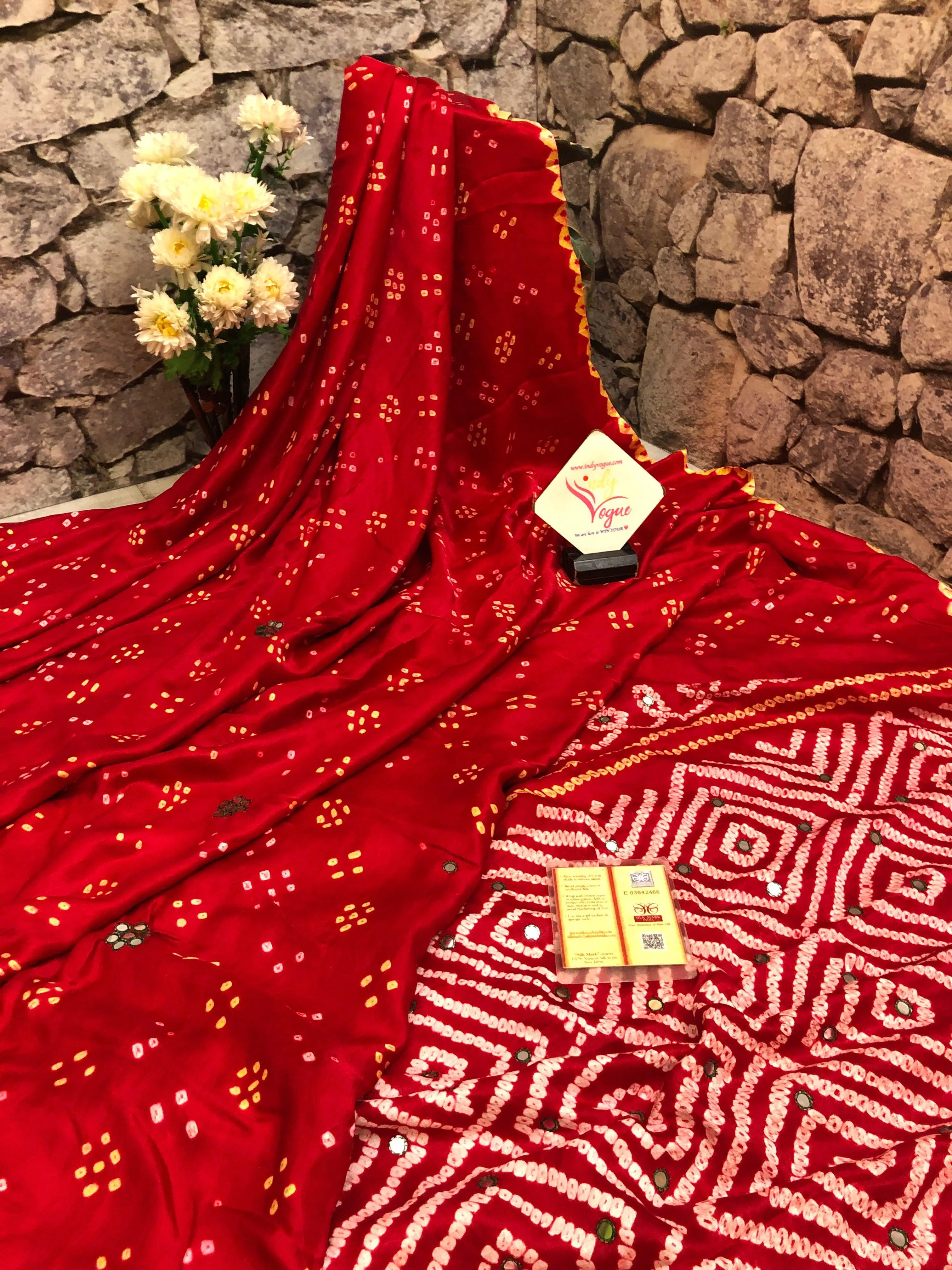 Crimson Color Pure Ghazi Silk Gharchola Saree with Mirror & Bandhej Work