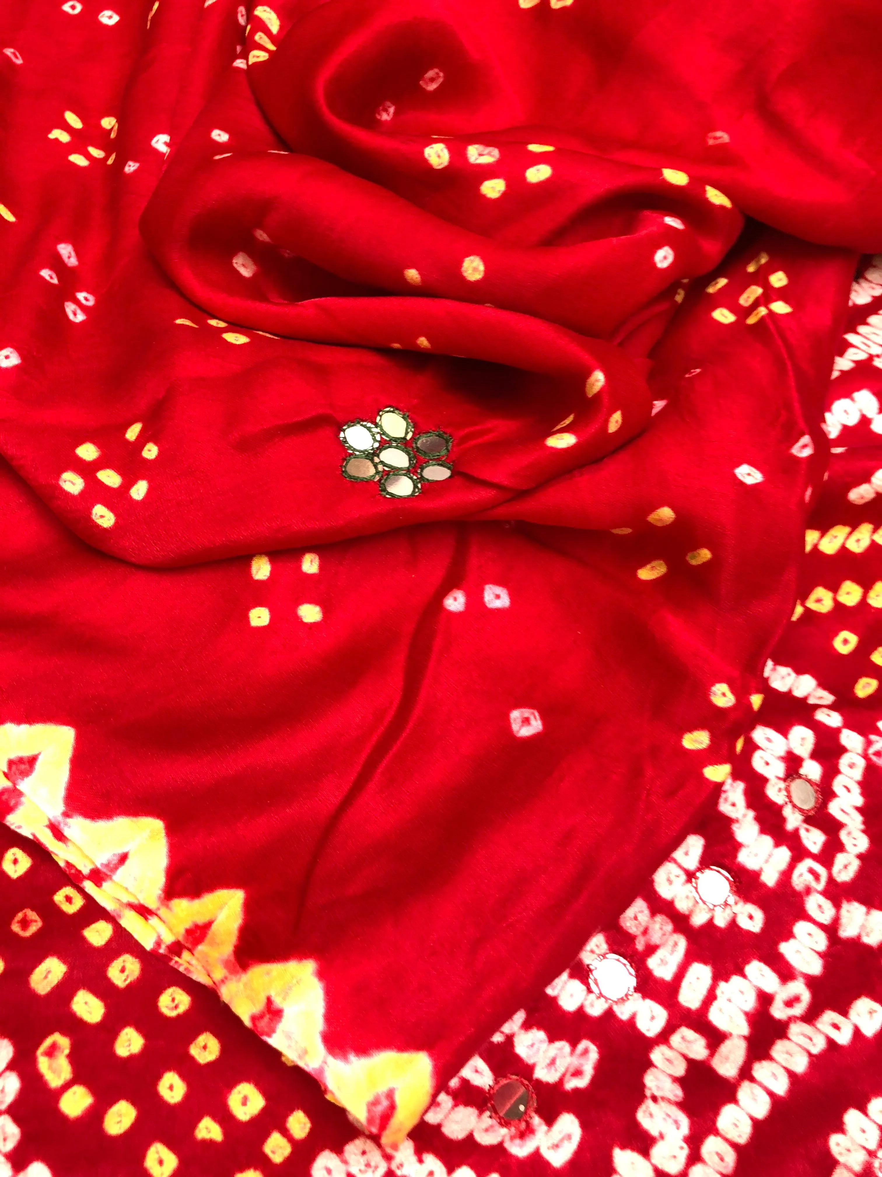 Crimson Color Pure Ghazi Silk Gharchola Saree with Mirror & Bandhej Work