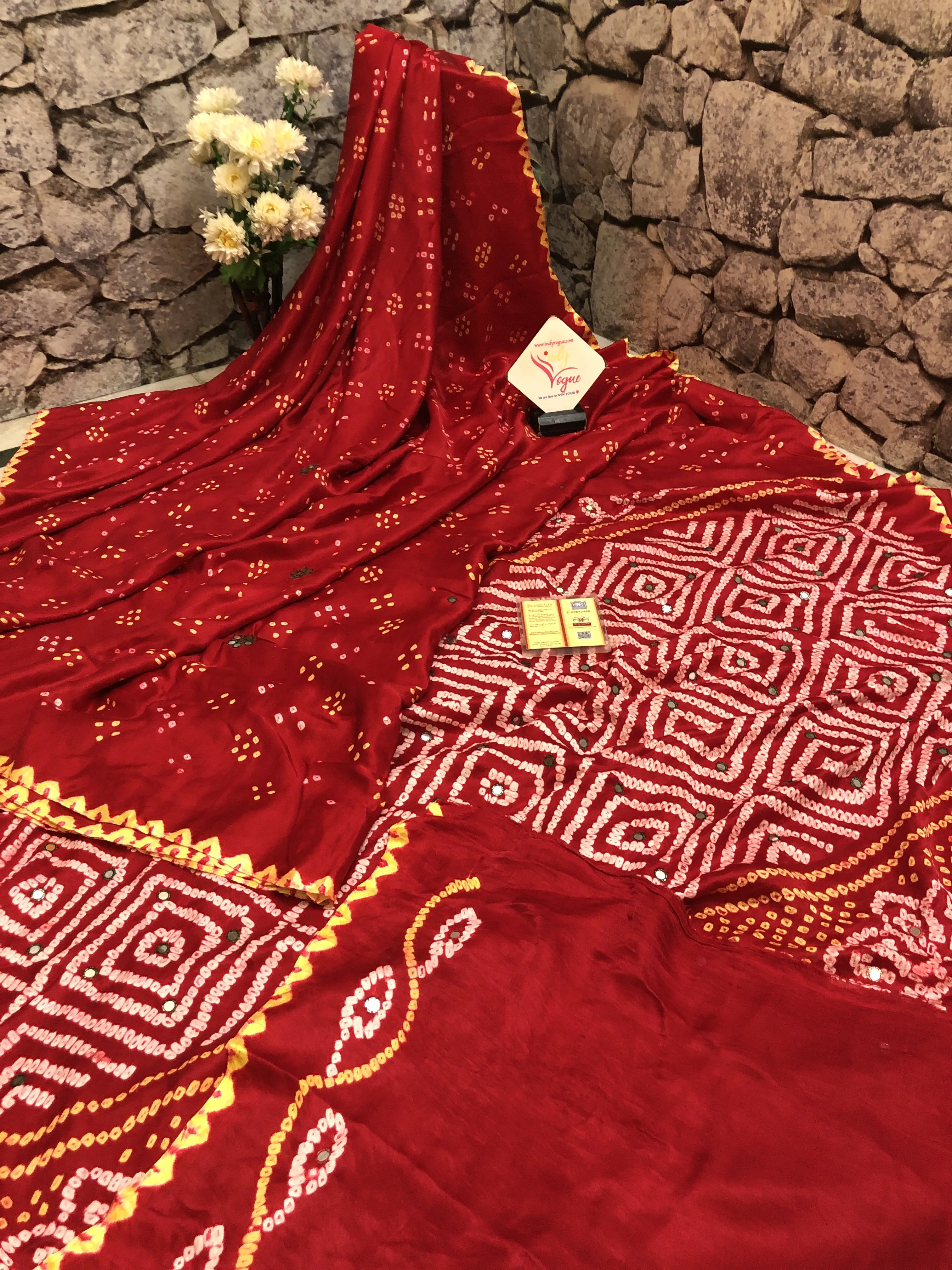 Crimson Color Pure Ghazi Silk Gharchola Saree with Mirror & Bandhej Work