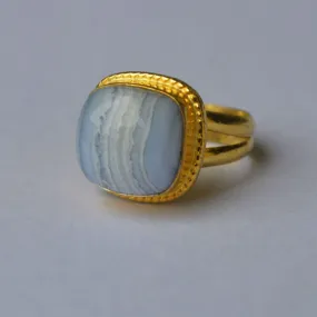 Cushion Cab Blue Lace Agate Gemstone 925 Sterling Silver Ring, Yellow Gold Plated Ring, Gift Ring