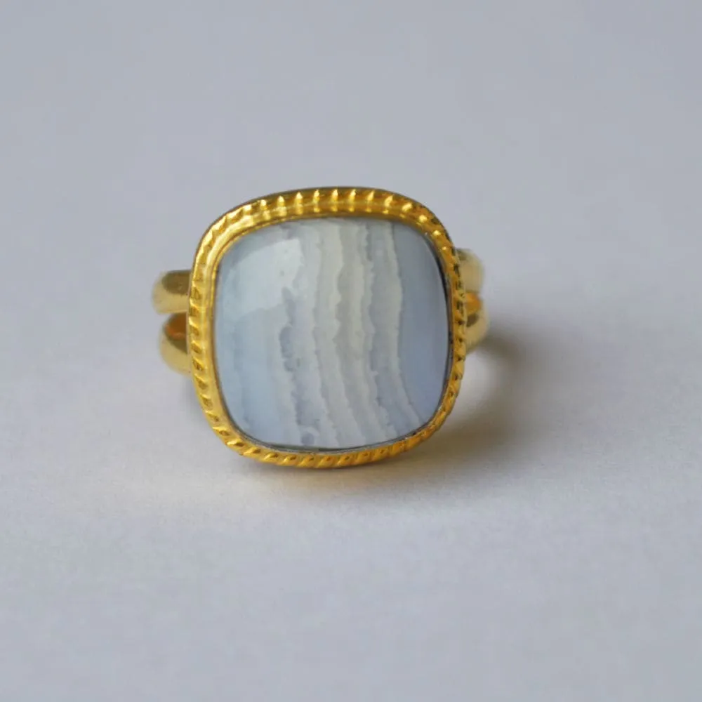 Cushion Cab Blue Lace Agate Gemstone 925 Sterling Silver Ring, Yellow Gold Plated Ring, Gift Ring