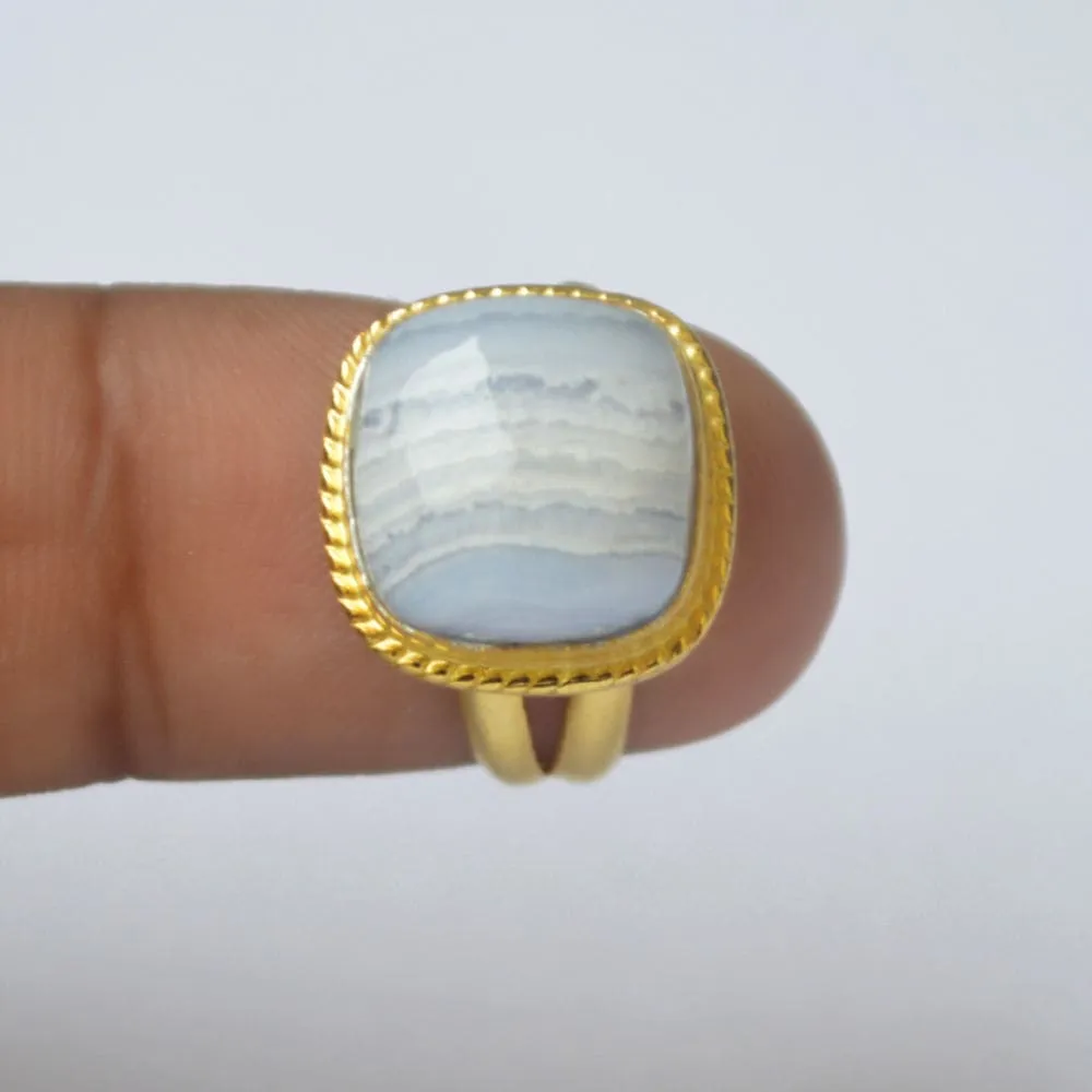 Cushion Cab Blue Lace Agate Gemstone 925 Sterling Silver Ring, Yellow Gold Plated Ring, Gift Ring