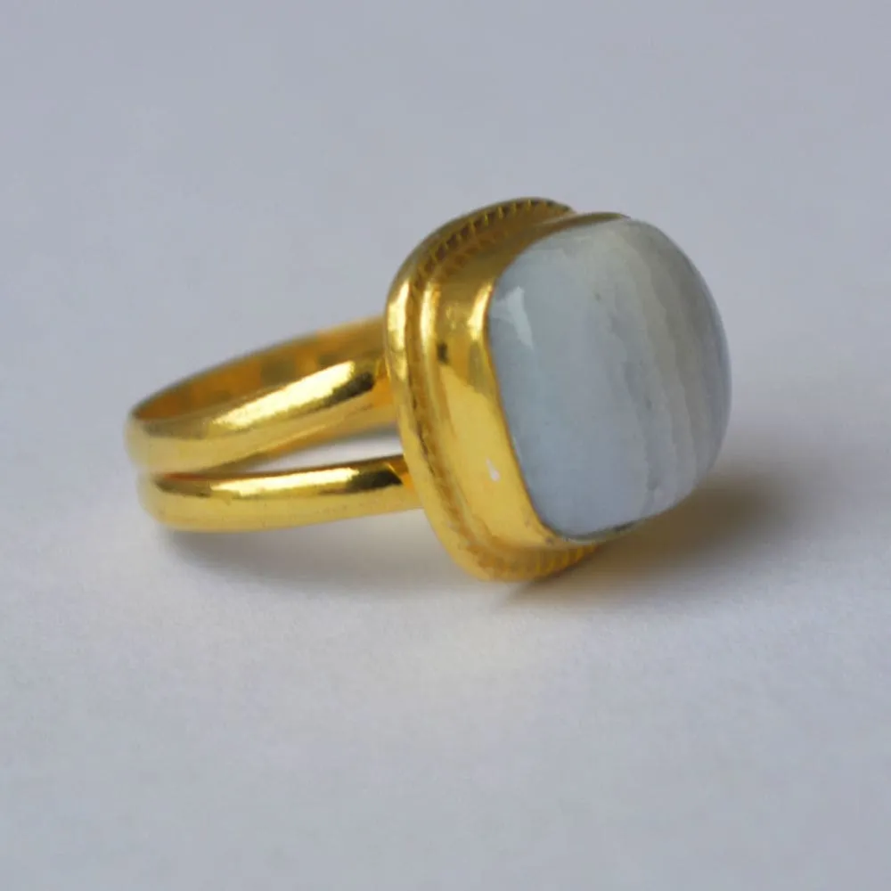 Cushion Cab Blue Lace Agate Gemstone 925 Sterling Silver Ring, Yellow Gold Plated Ring, Gift Ring