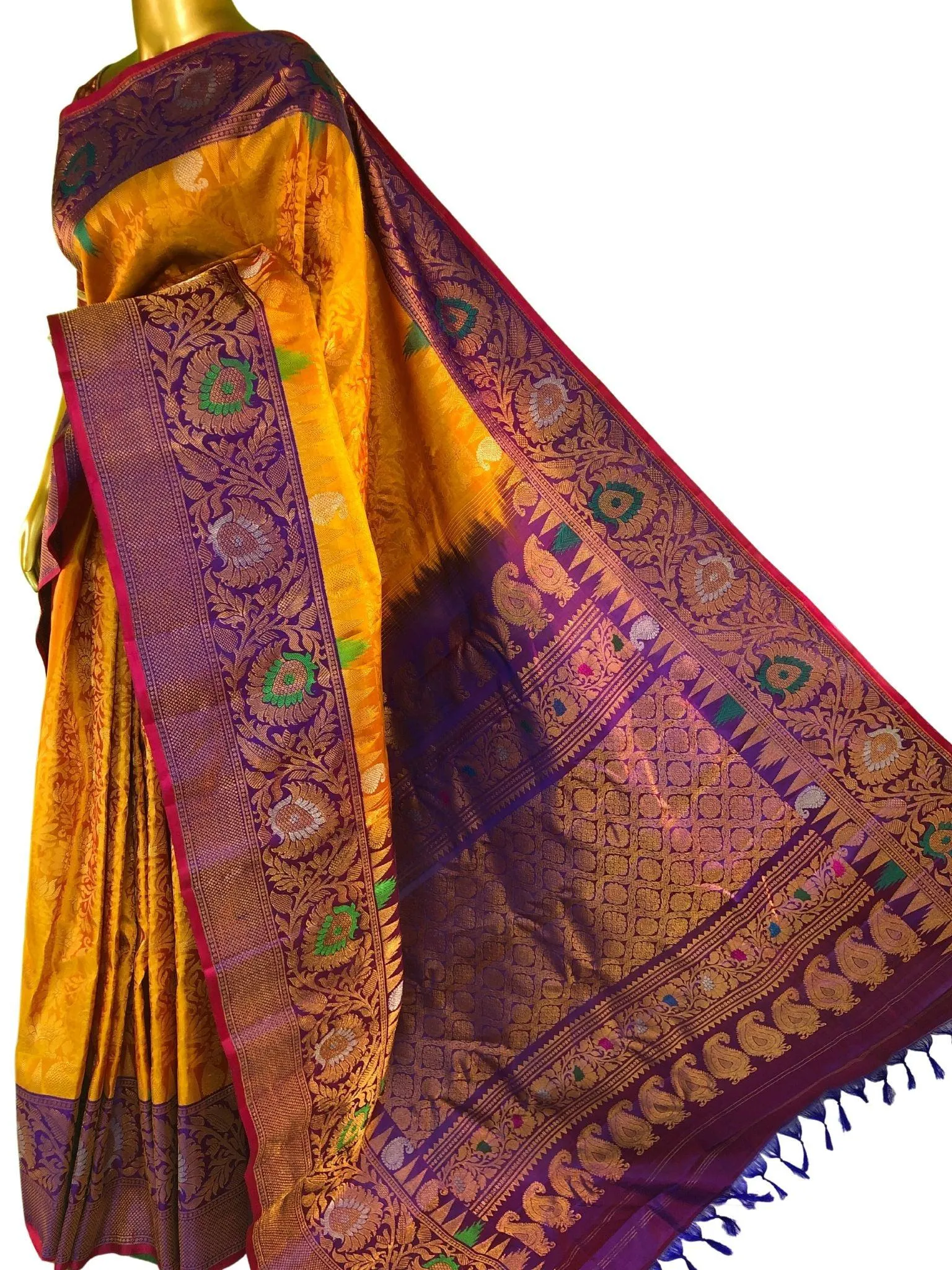 Dark Golden Honey Mustard Color Pure Brocade Gadwal Silk Saree with Meenakari Work