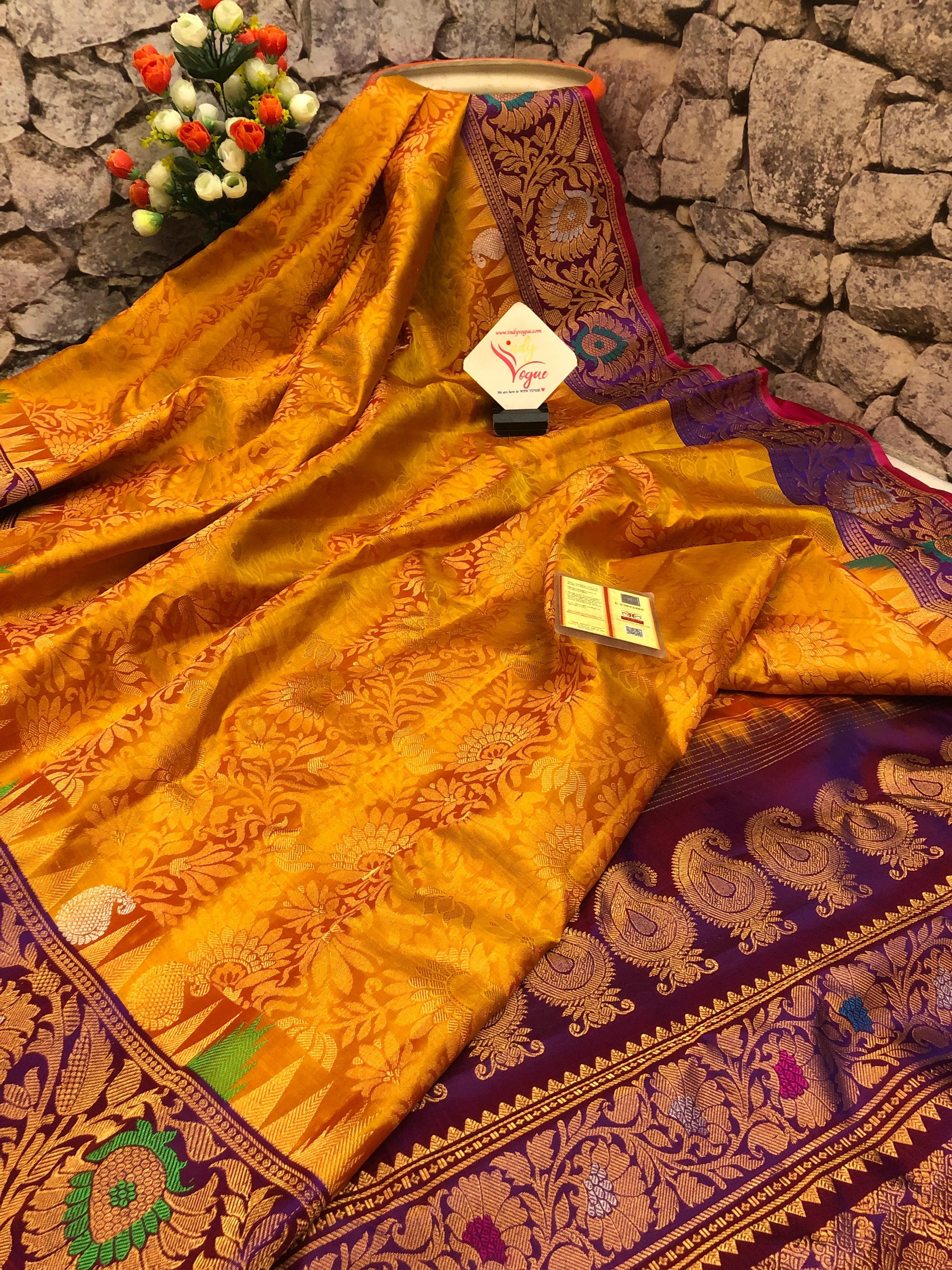 Dark Golden Honey Mustard Color Pure Brocade Gadwal Silk Saree with Meenakari Work